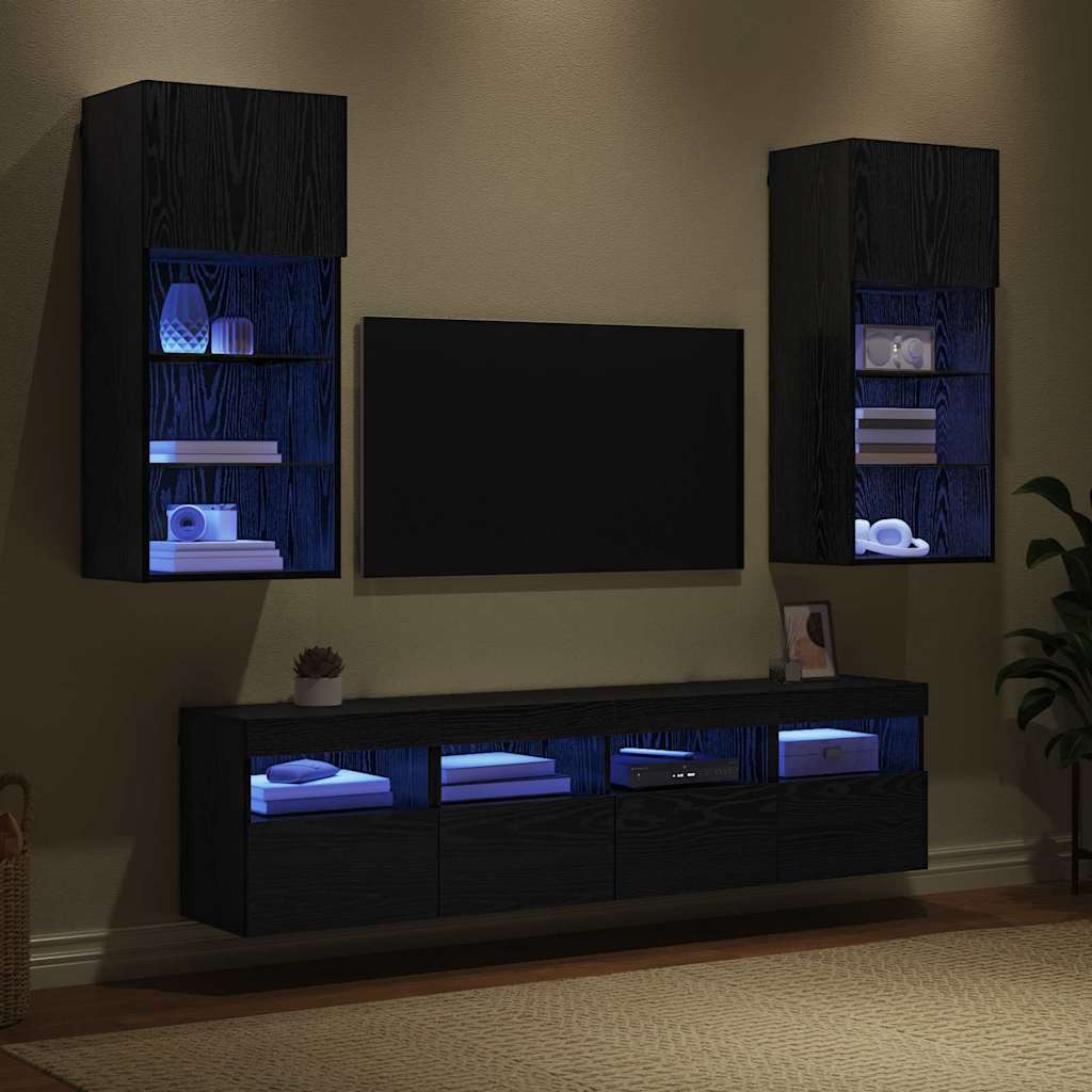 TV Wall Units with LED Black Oak Engineered Wood