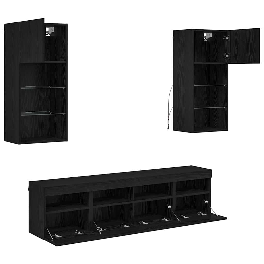 TV Wall Units with LED Black Oak Engineered Wood