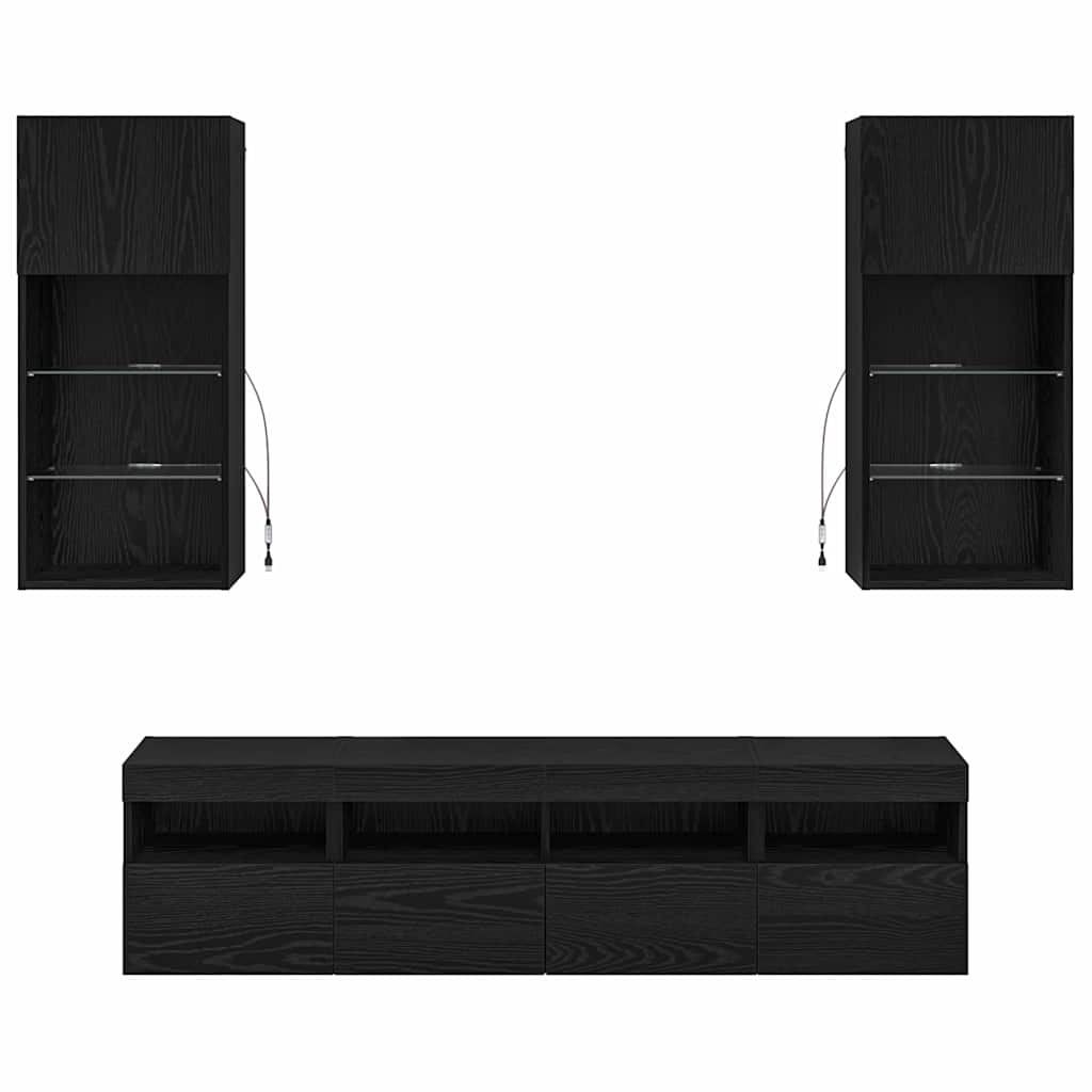 TV Wall Units with LED Black Oak Engineered Wood