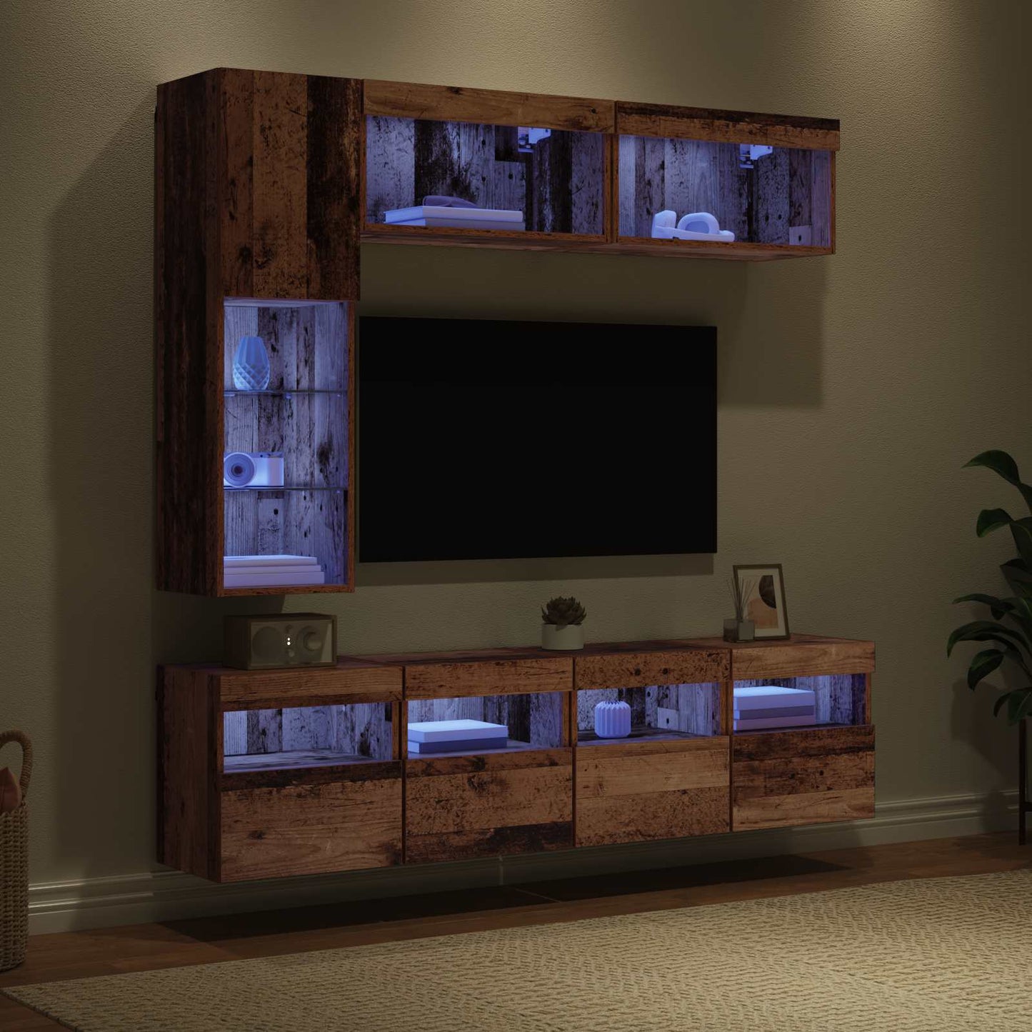 TV Cabinet with LED Wall-mounted 7 pcs Old Wood Engineered Wood