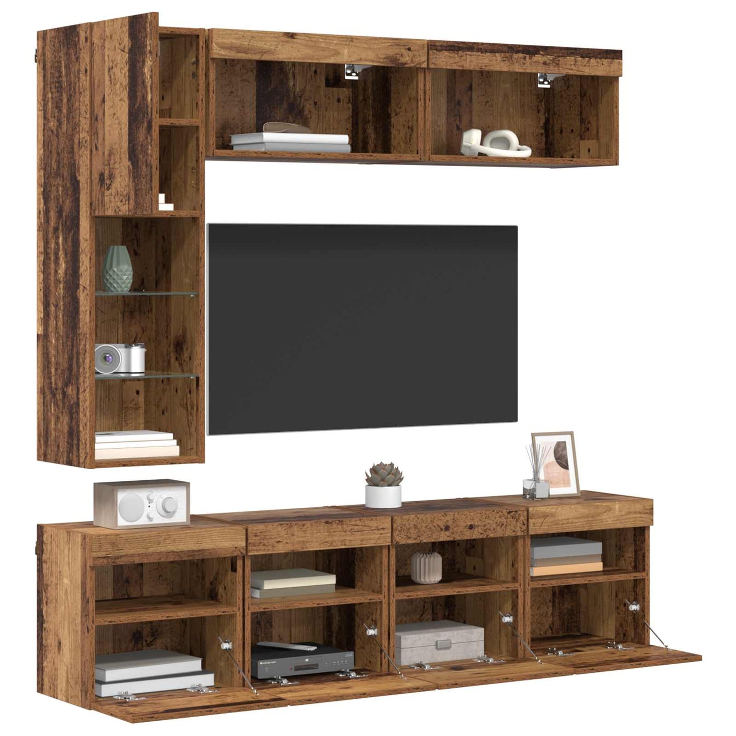 TV Cabinet with LED Wall-mounted 7 pcs Old Wood Engineered Wood