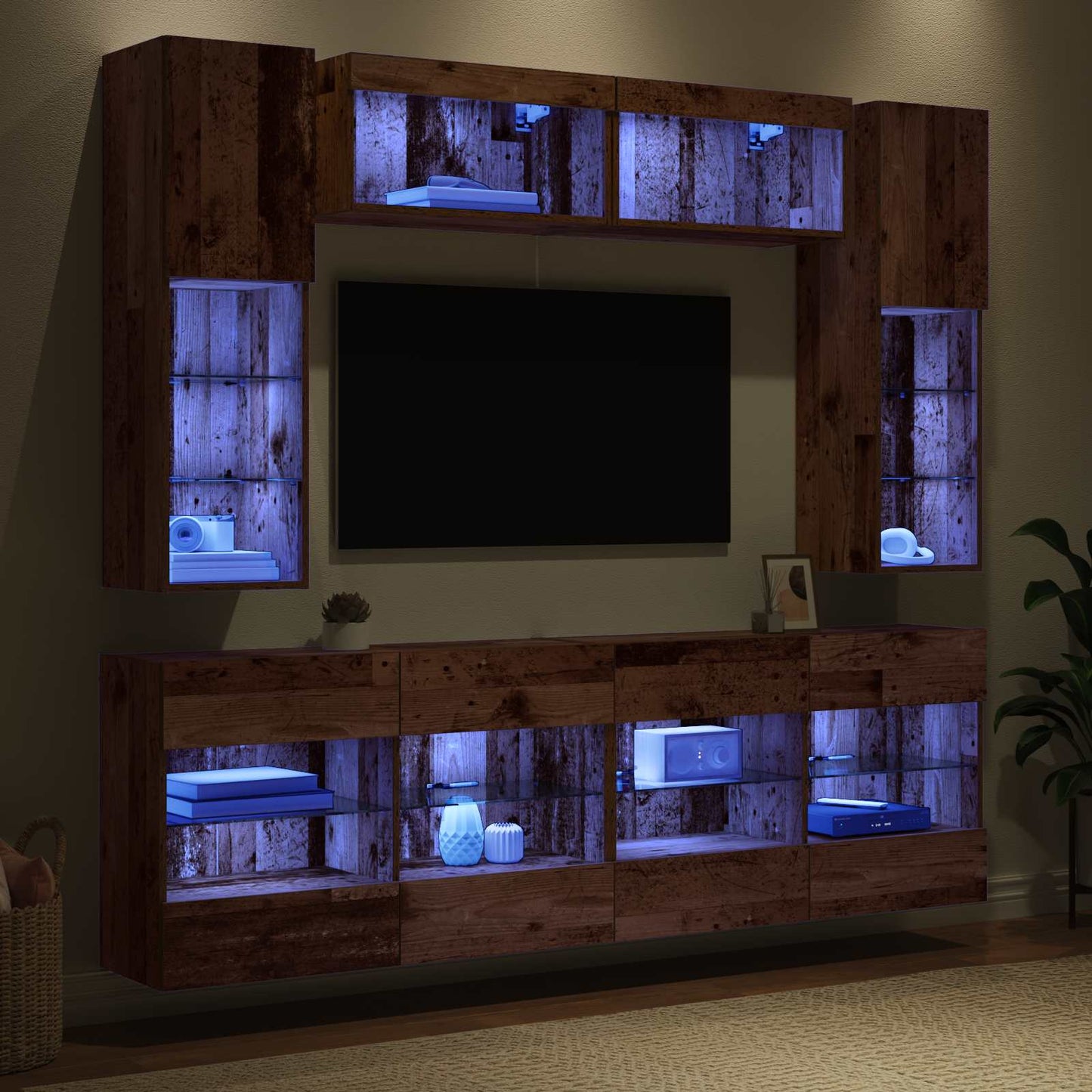 TV Wall Cabinet Set with LED 6 pcs Old Wood Engineered Wood