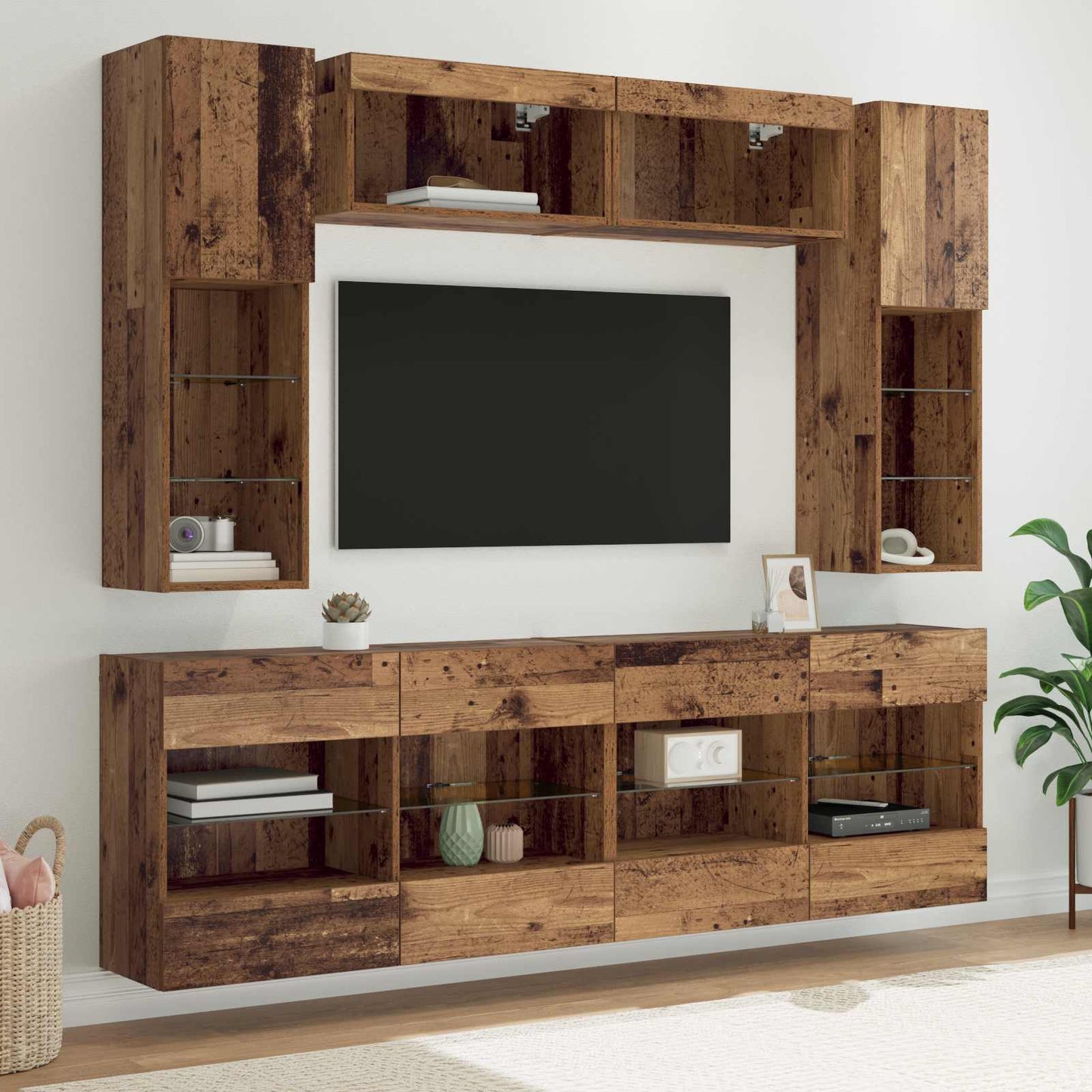 TV Wall Cabinet Set with LED 6 pcs Old Wood Engineered Wood