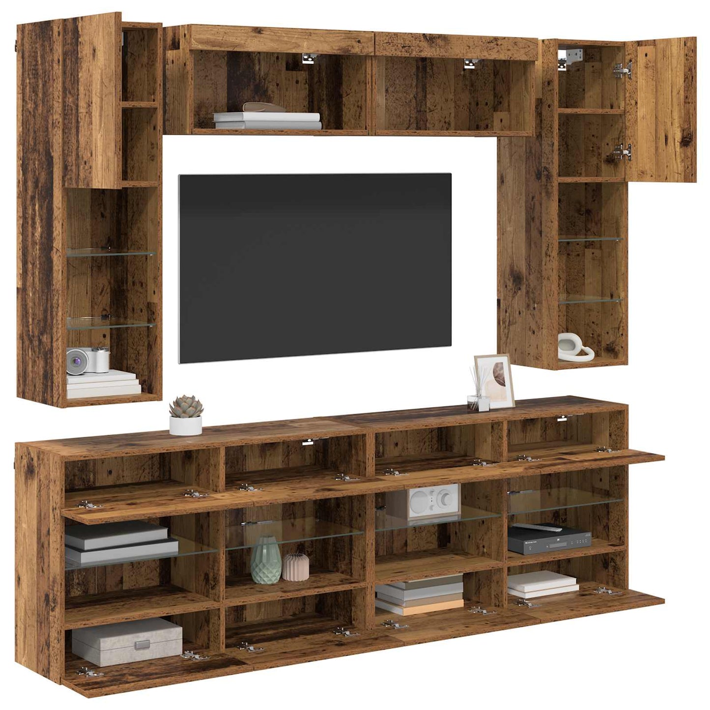 TV Wall Cabinet Set with LED 6 pcs Old Wood Engineered Wood