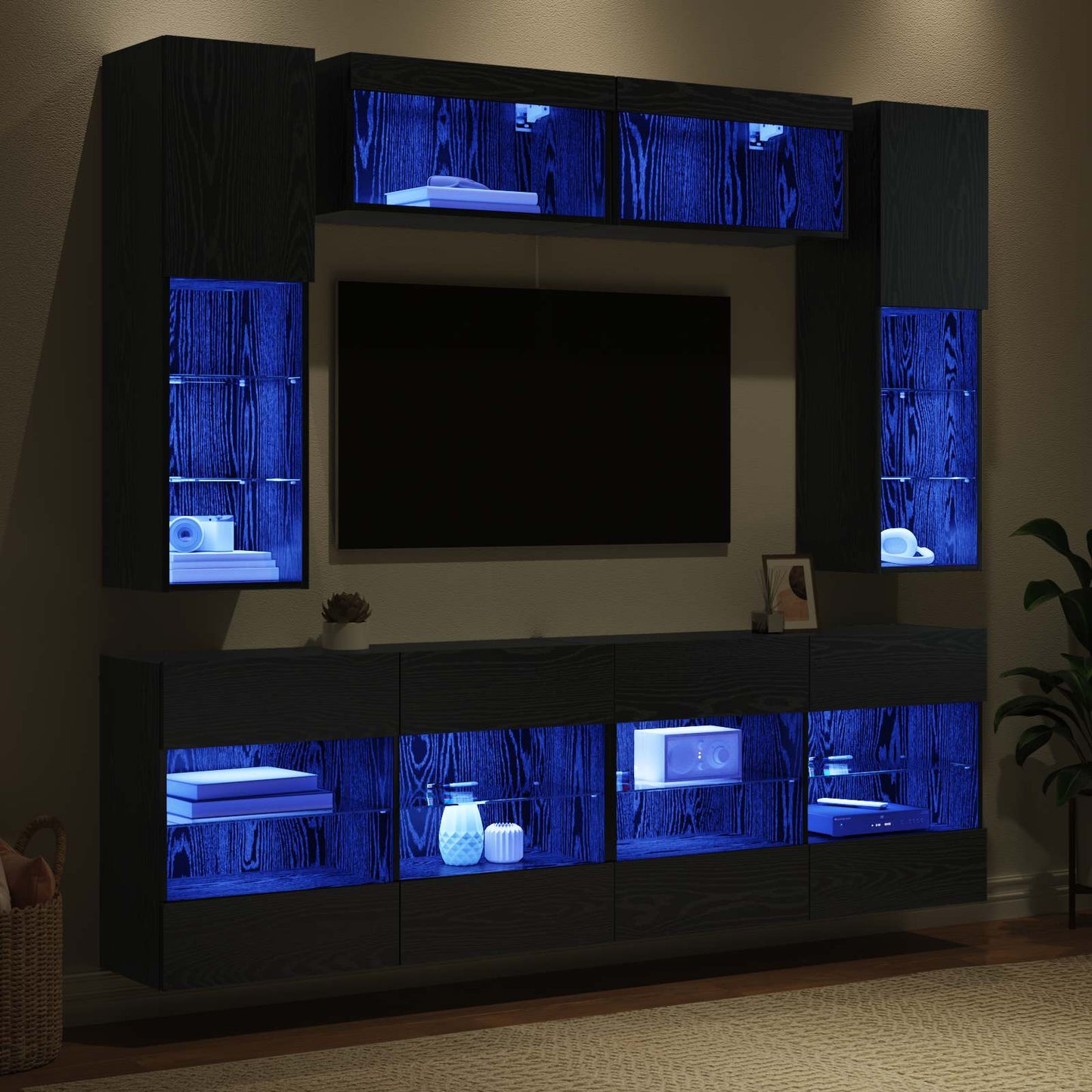 TV Wall Cabinet Set with LED 6 pcs Black Oak Engineered Wood