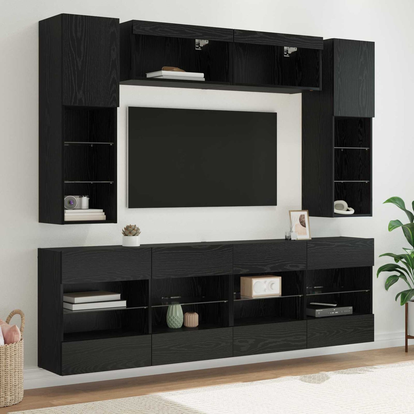 TV Wall Cabinet Set with LED 6 pcs Black Oak Engineered Wood