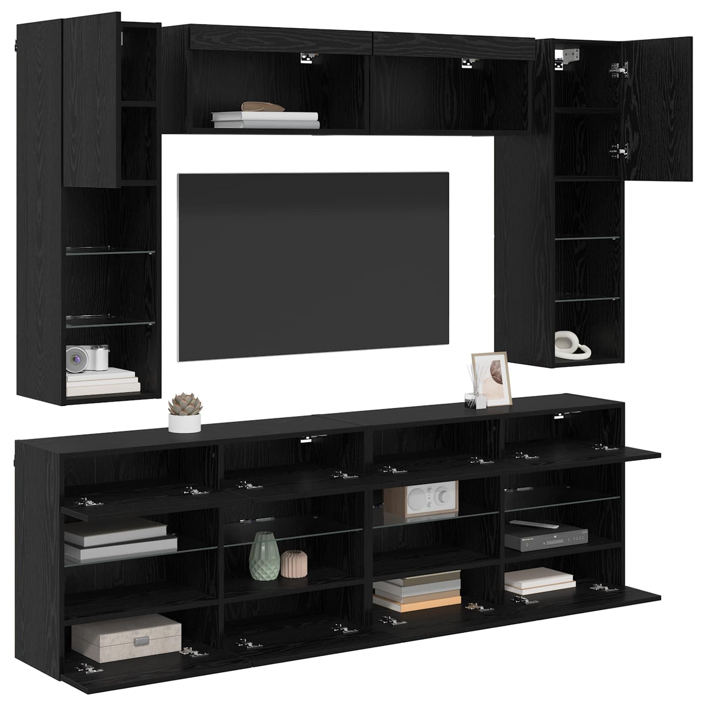 TV Wall Cabinet Set with LED 6 pcs Black Oak Engineered Wood