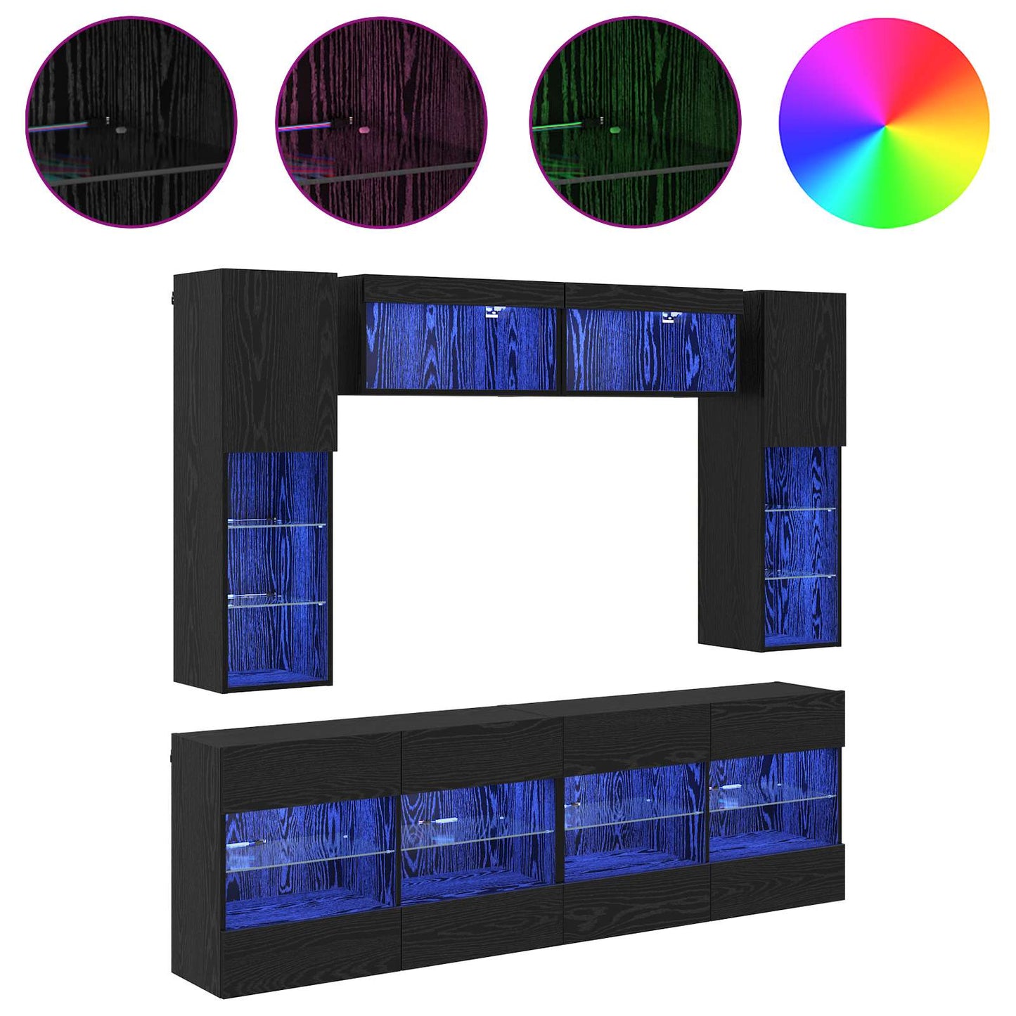 TV Wall Cabinet Set with LED 6 pcs Black Oak Engineered Wood
