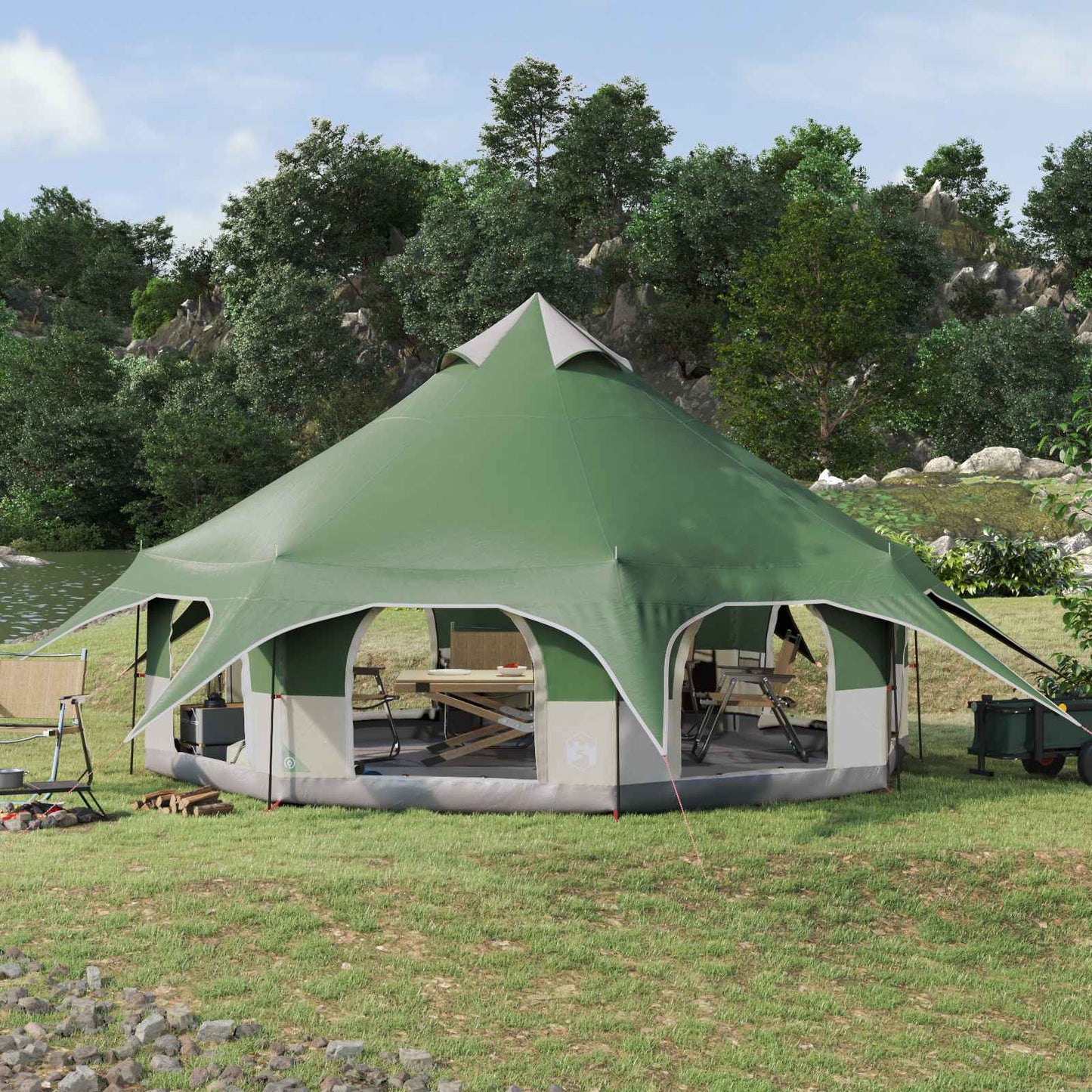 Family Tent Green 10-Person 185T Polyester with PU Coating