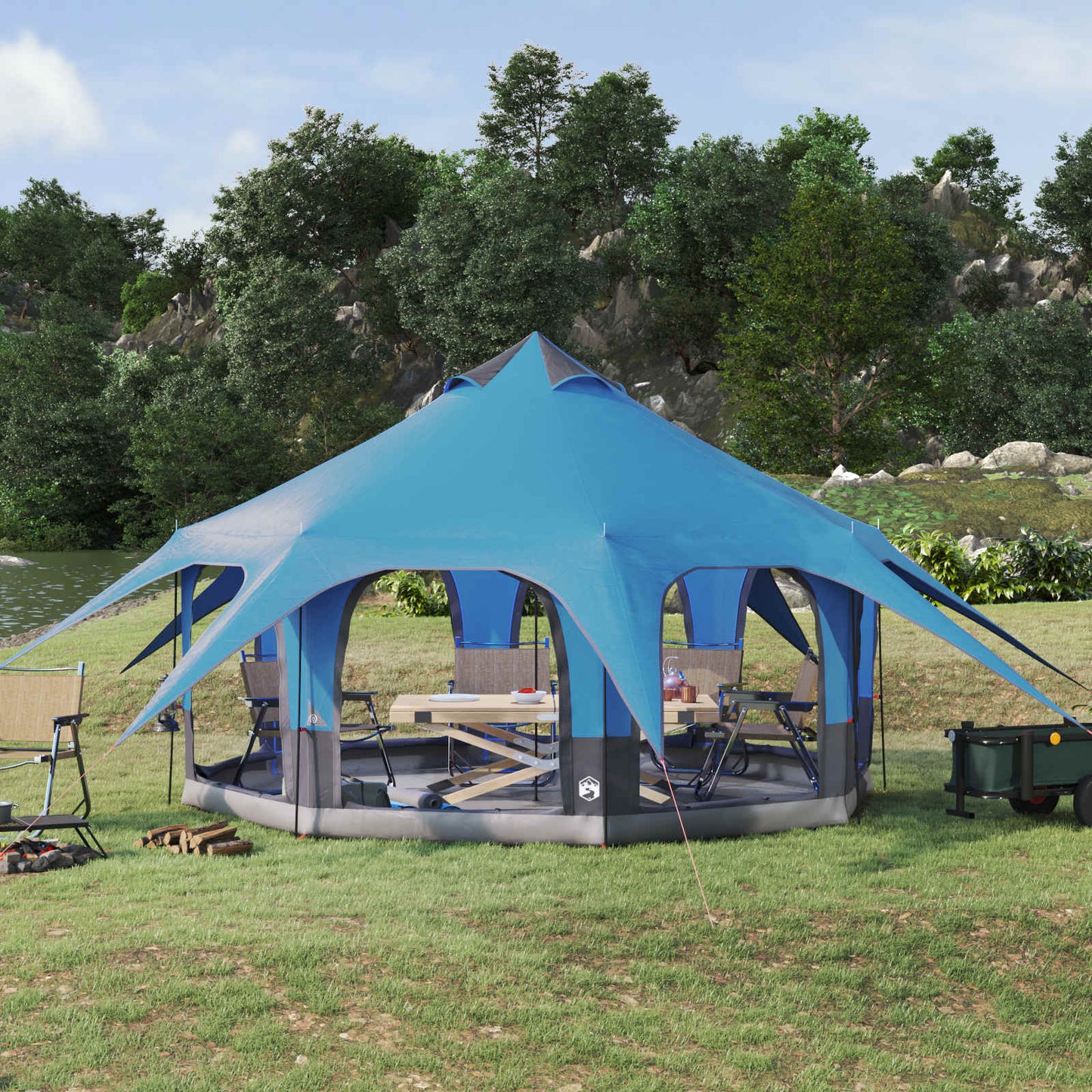 Family Tent Blue 5-Person 185T Polyester with PU Coating
