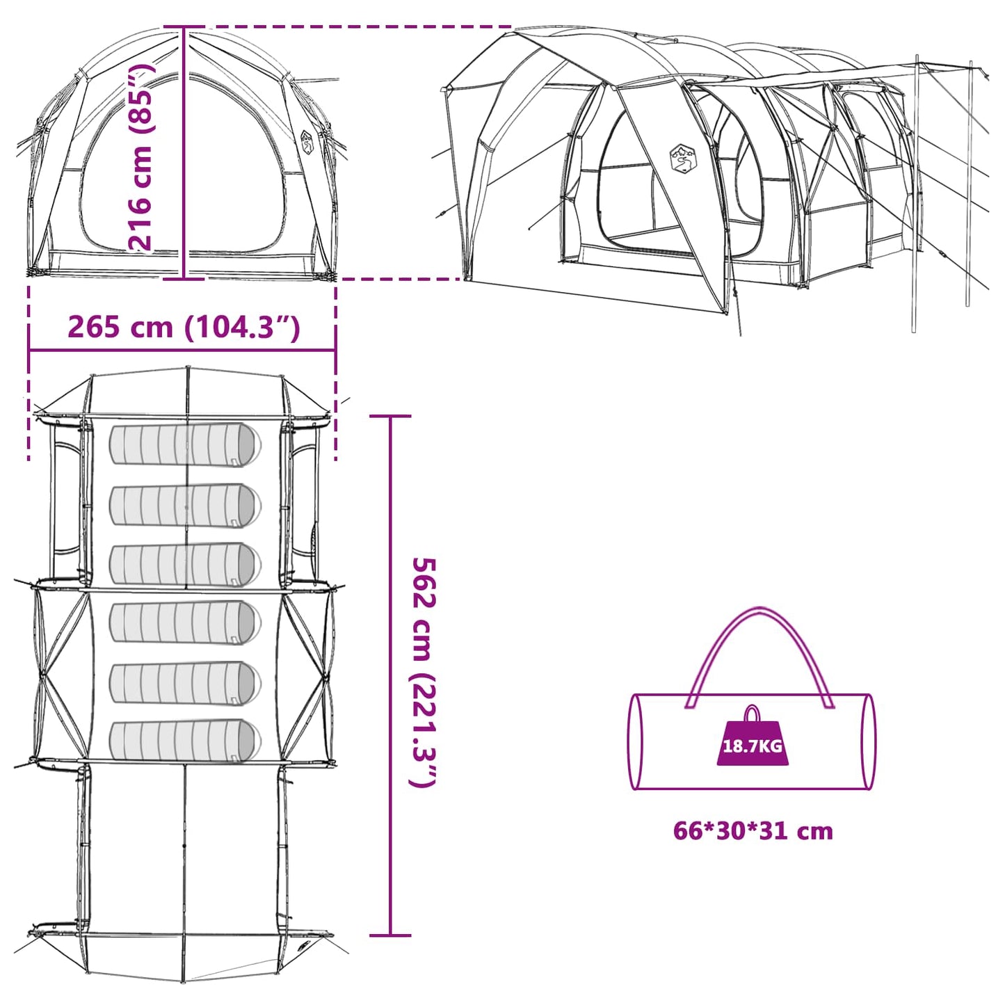 Tunnel Tent Blue 562 x 265 x 216 cm