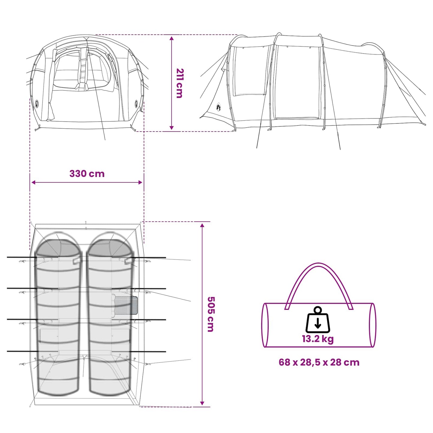 Tunnel Tent Grey and Orange 505 x 330 x 204 cm