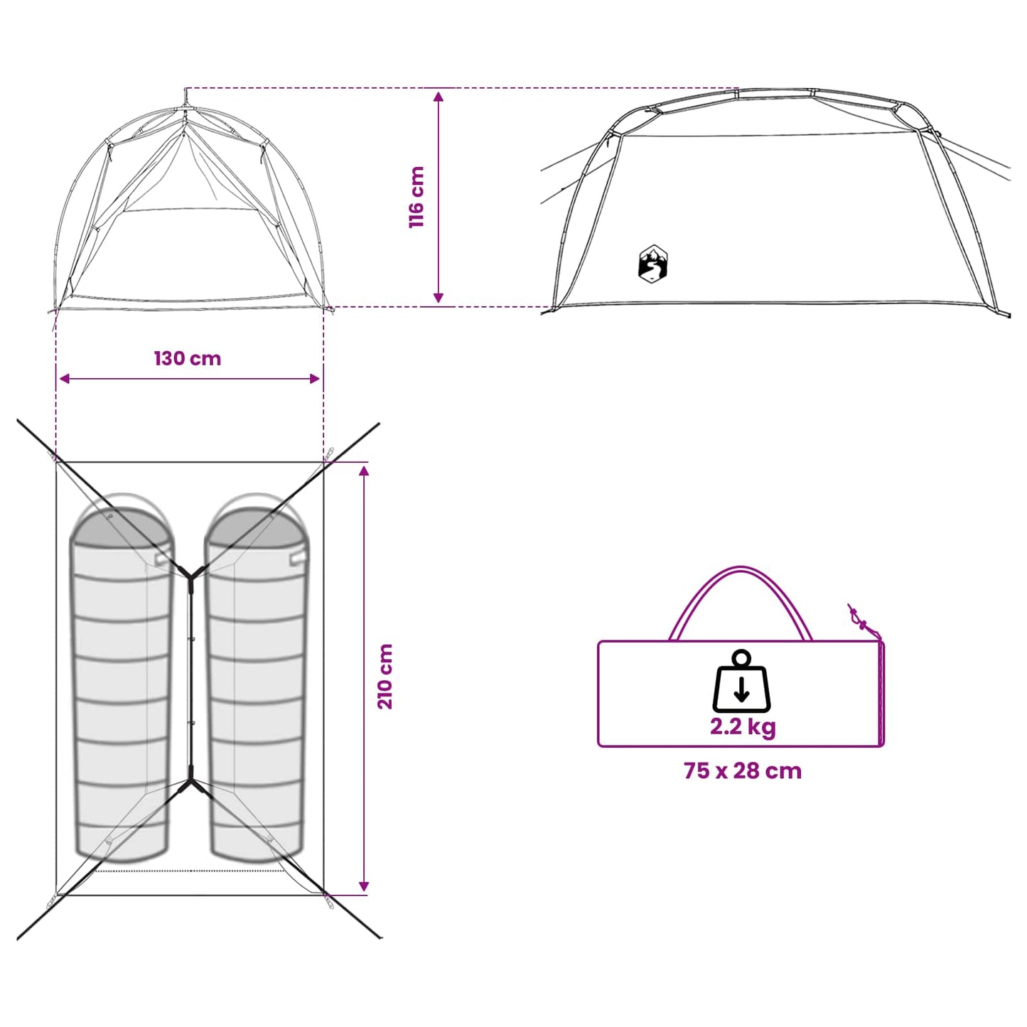Tunnel Tent Blue 2-Person 185T Polyester with PU Coating