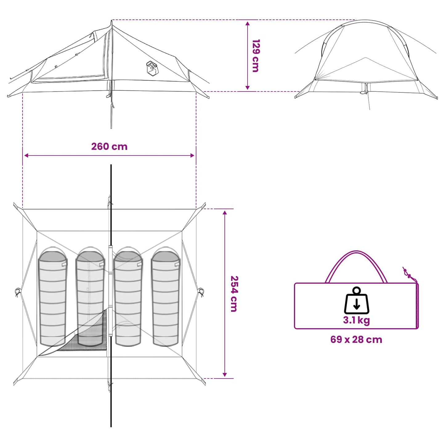Backpacking Tent Green 4-Person 185T Polyester with PU Coating