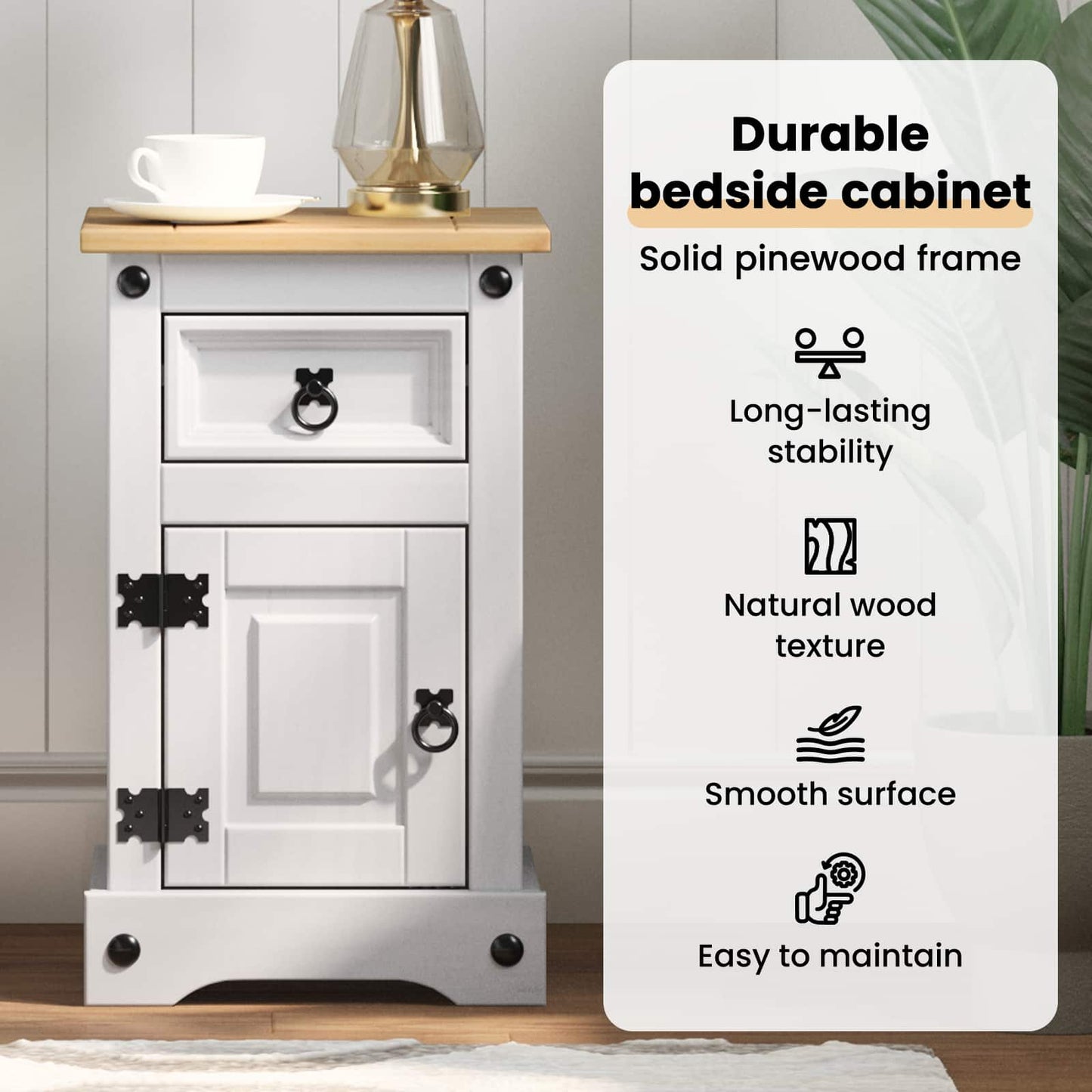 Bedside Table Corona White 35 x 32.5 x 58 cm Solid Pine Wood