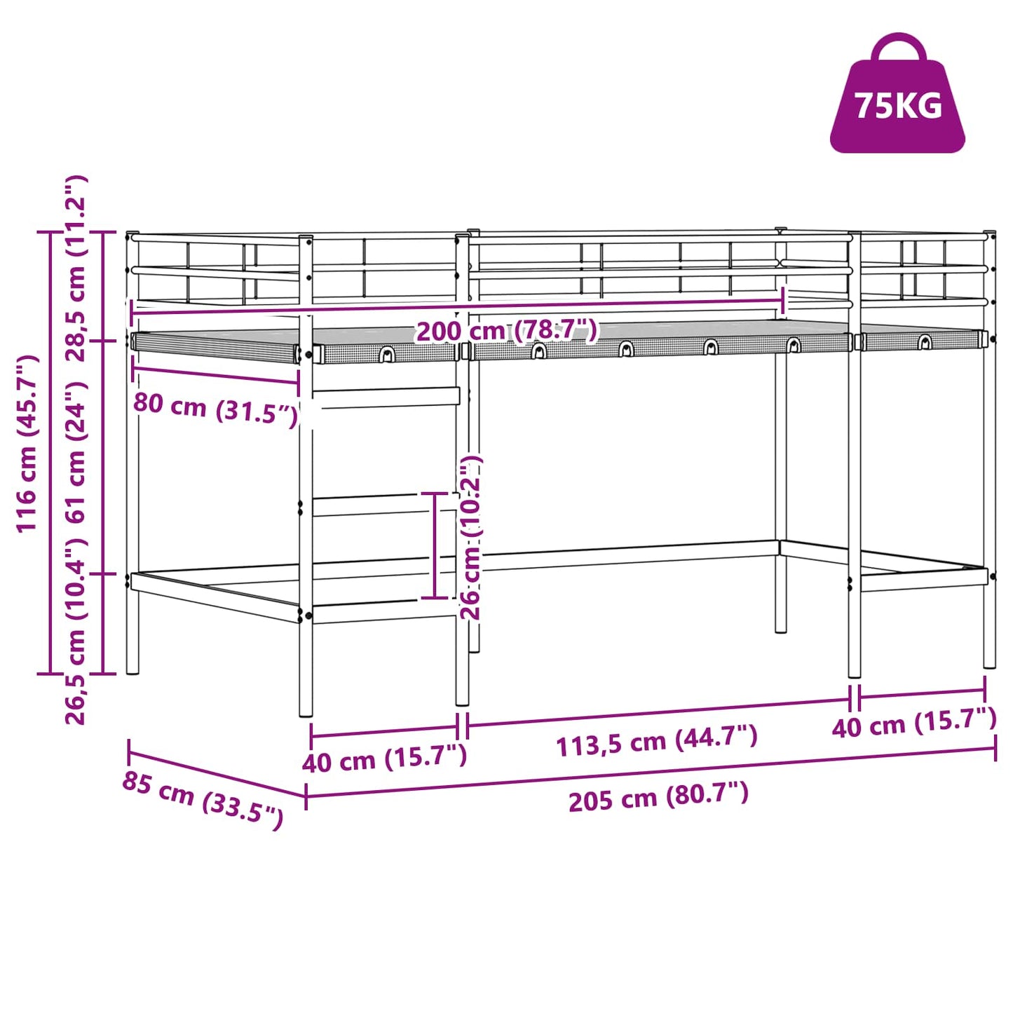 Kids'Loft Bed Frame Black 79.5 x 200 cm Steel