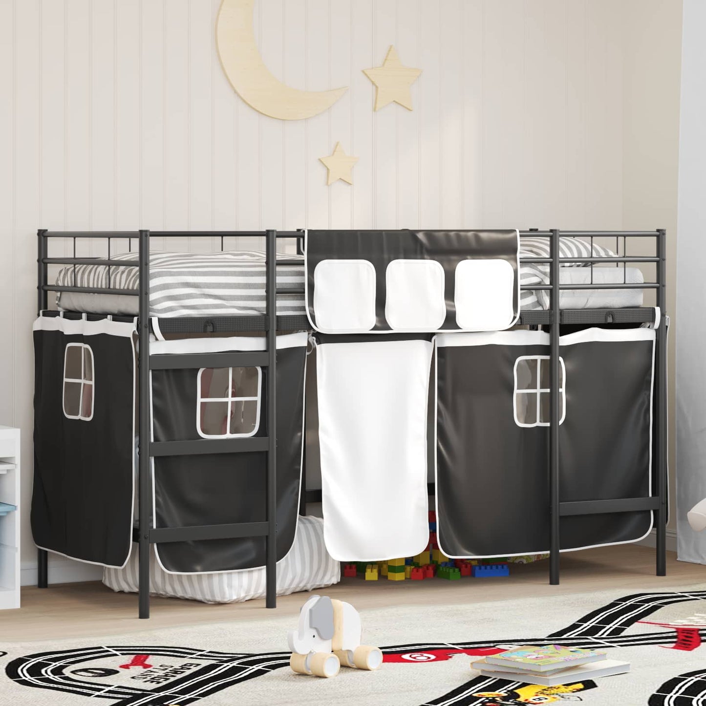 Kids'Loft Bed Frame with Curtains Black 90 x 190 cm