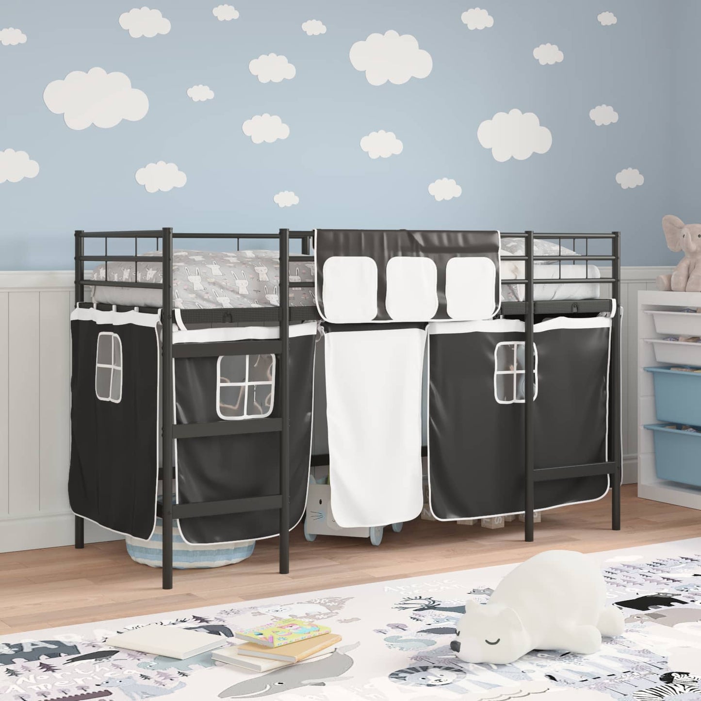 Kids'Loft Bed Frame with Curtains Black 90 x 190 cm