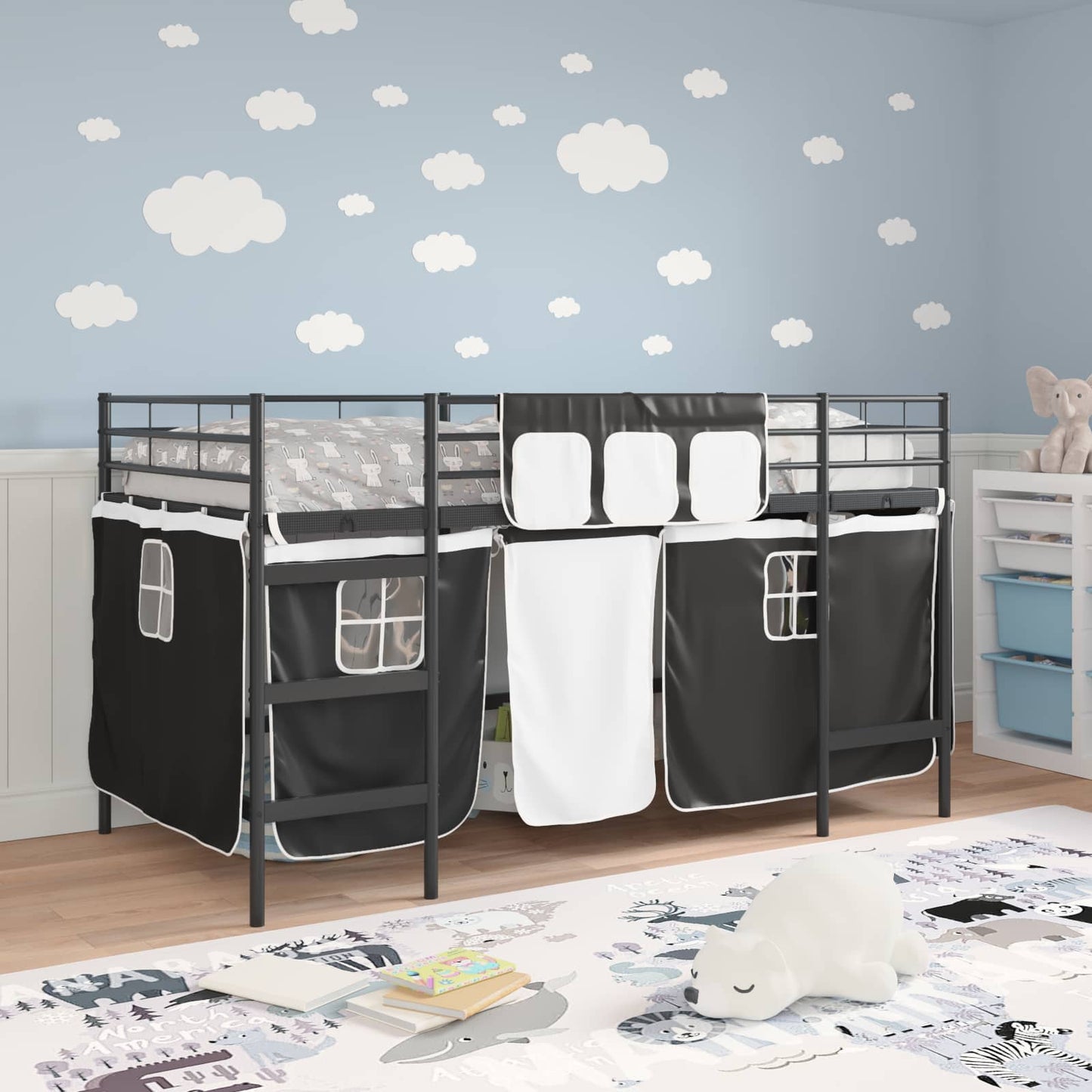Kids'Loft Bed Frame with Curtains Black 90 x 200 cm