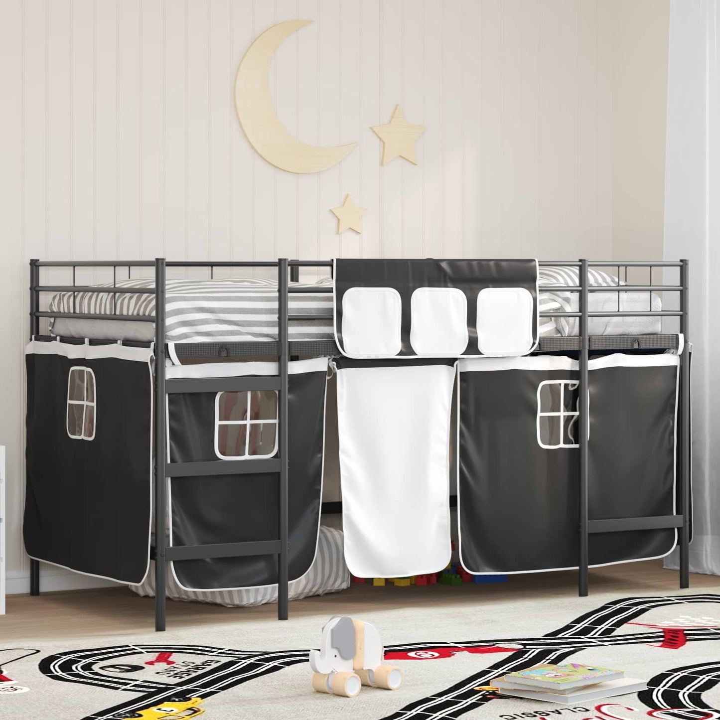 Kids'Loft Bed Frame with Curtains Black 107 x 200 cm