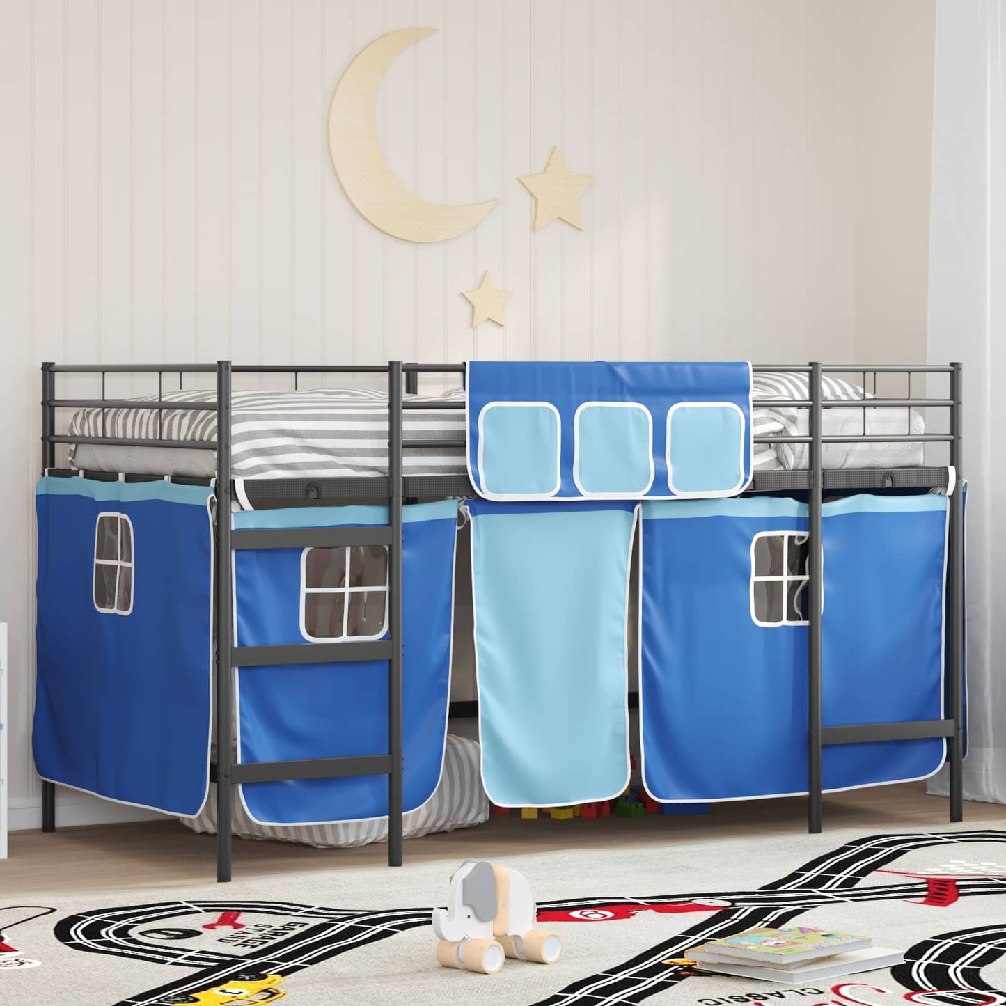 Kids'Loft Bed Frame with Curtains Black and Blue 80 x 200 cm
