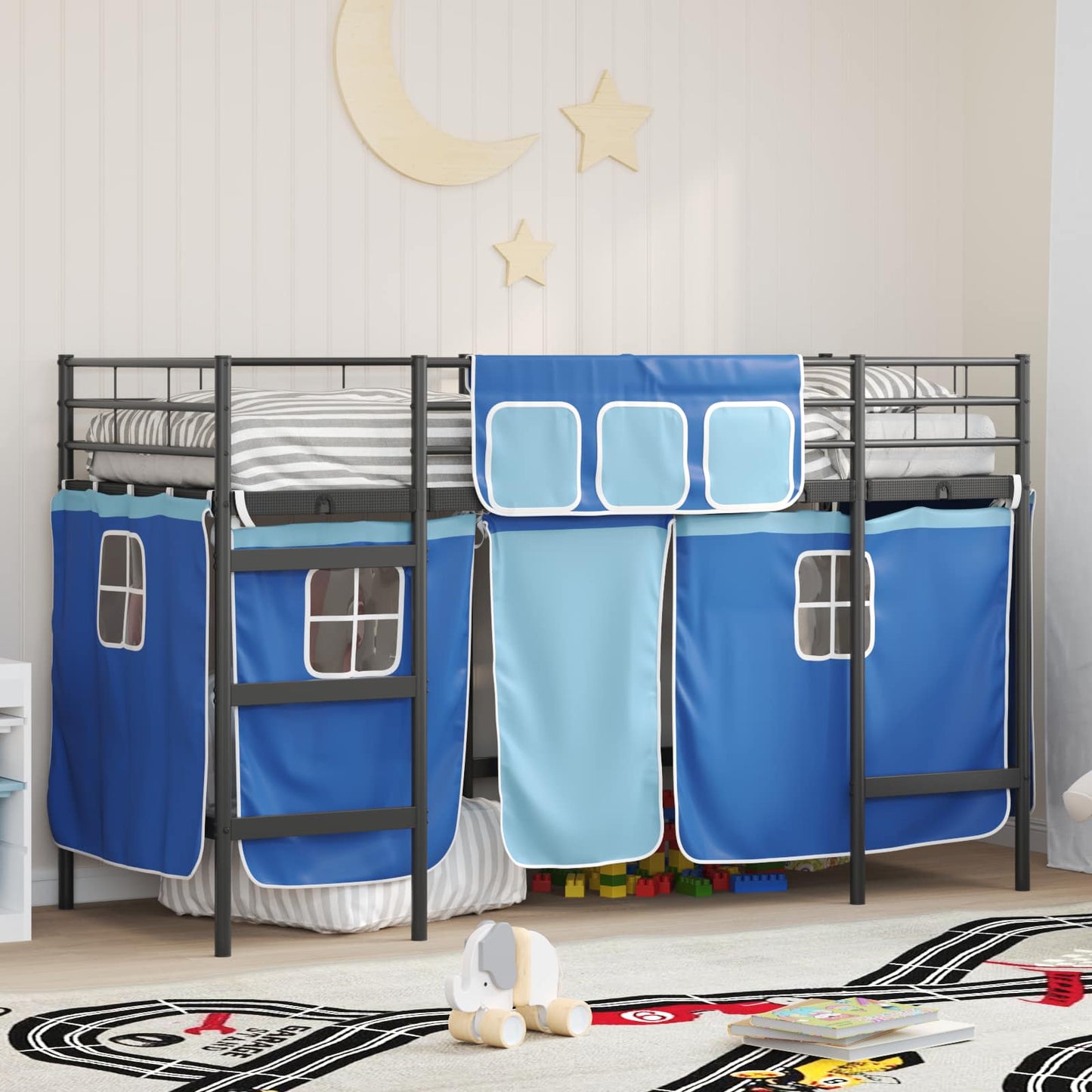 Kids'Loft Bed Frame with Curtains Black and Blue 90 x 190 cm