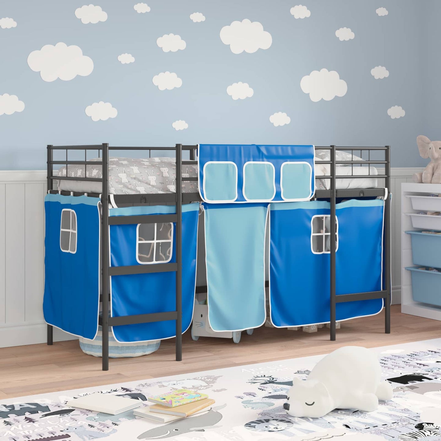 Kids'Loft Bed Frame with Curtains Black and Blue 90 x 190 cm