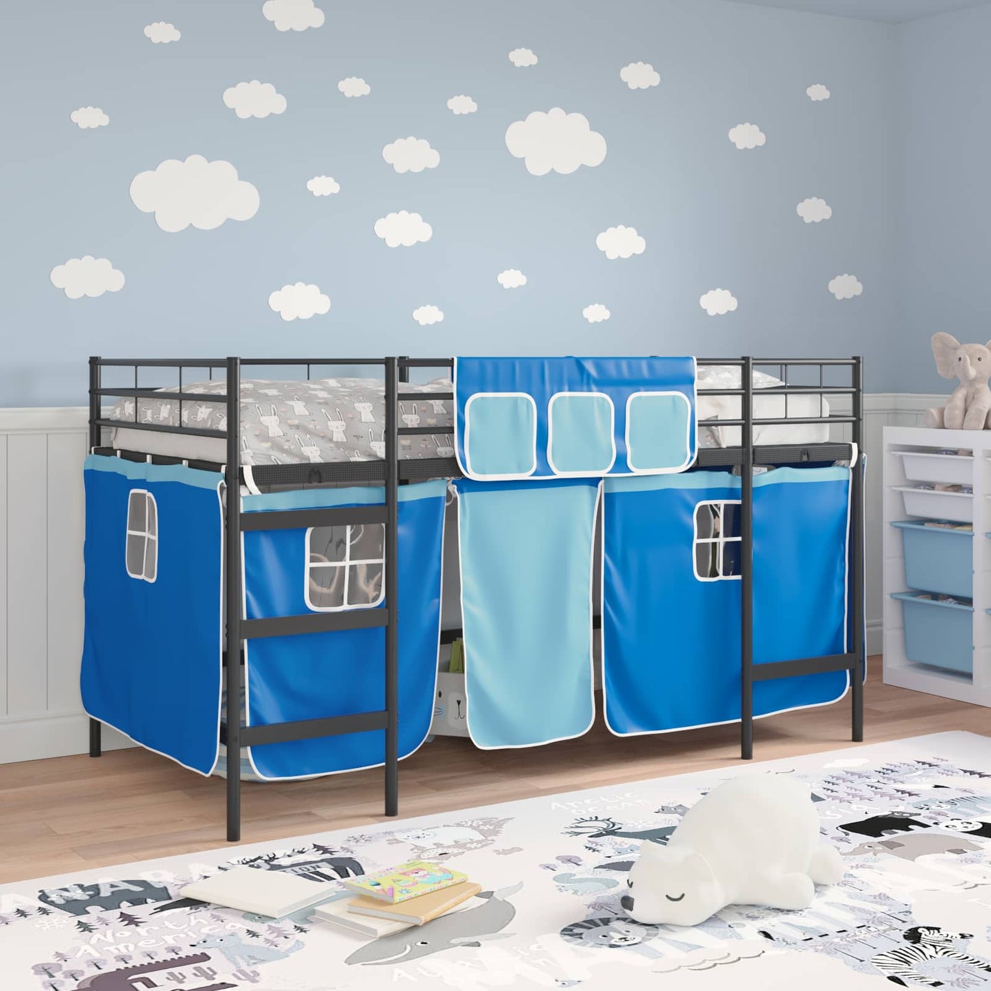 Kids'Loft Bed Frame with Curtains Black and Blue 107 x 200 cm