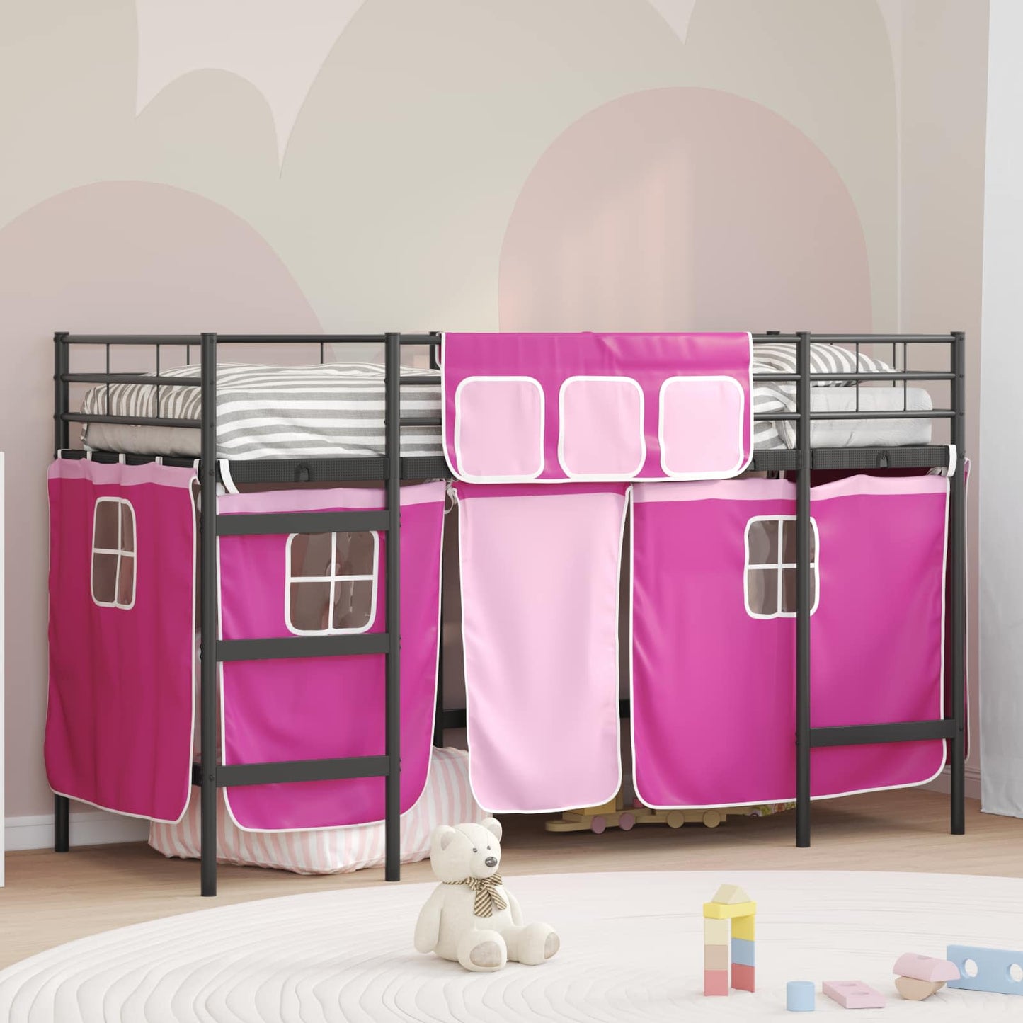Kids'Loft Bed Frame with Curtains Black and Pink 90 x 190 cm