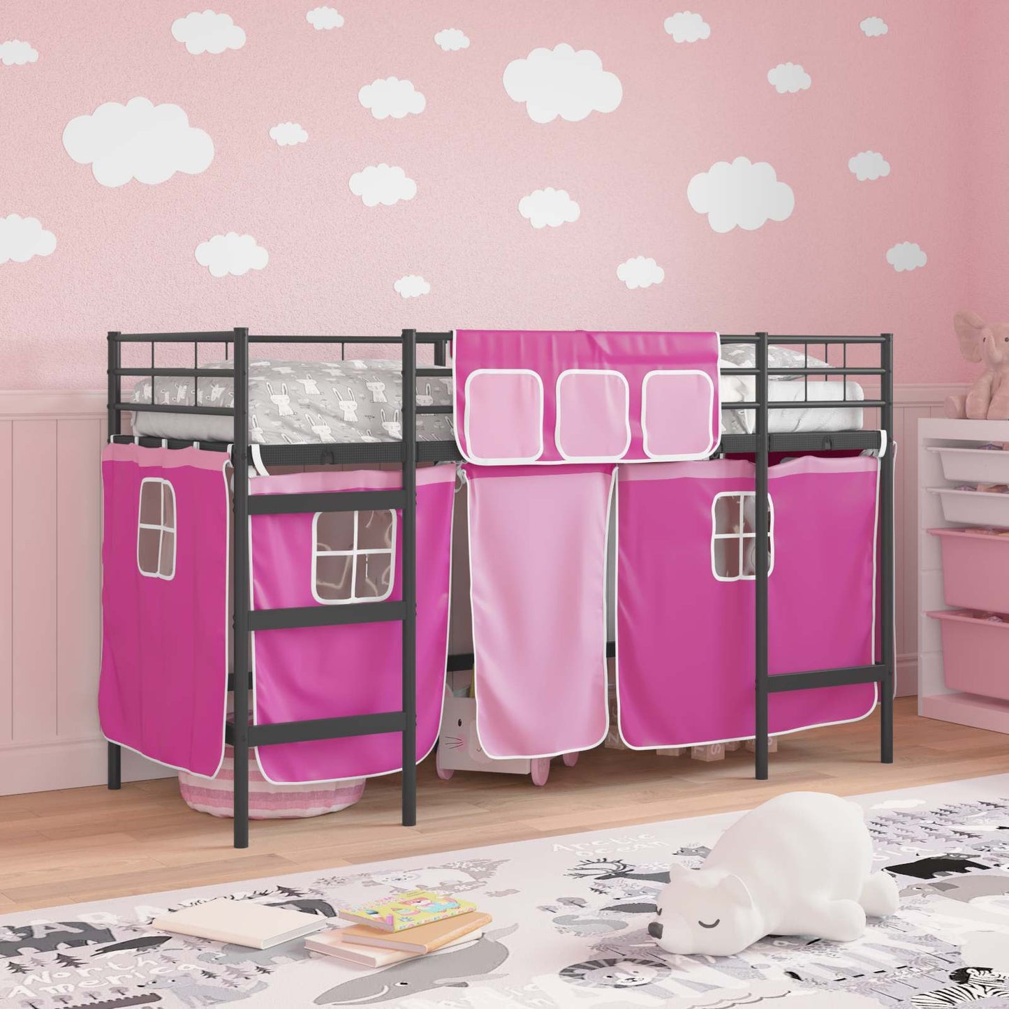Kids'Loft Bed Frame with Curtains Black and Pink 90 x 190 cm
