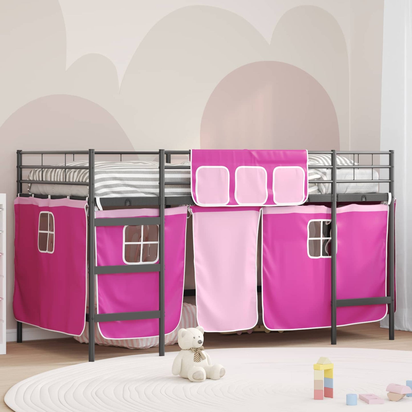 Kids'Loft Bed Frame with Curtains Black and Pink 90 x 200 cm