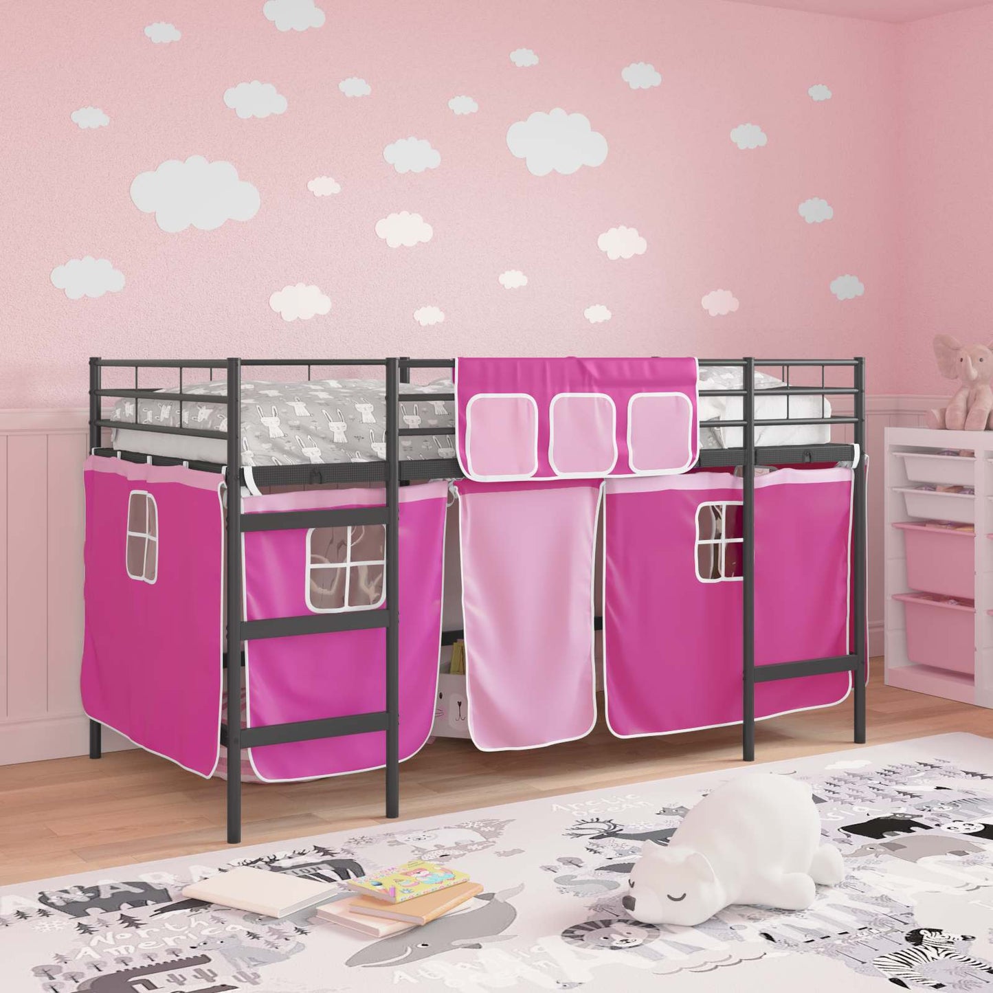 Kids'Loft Bed Frame with Curtains Black and Pink 107 x 200 cm