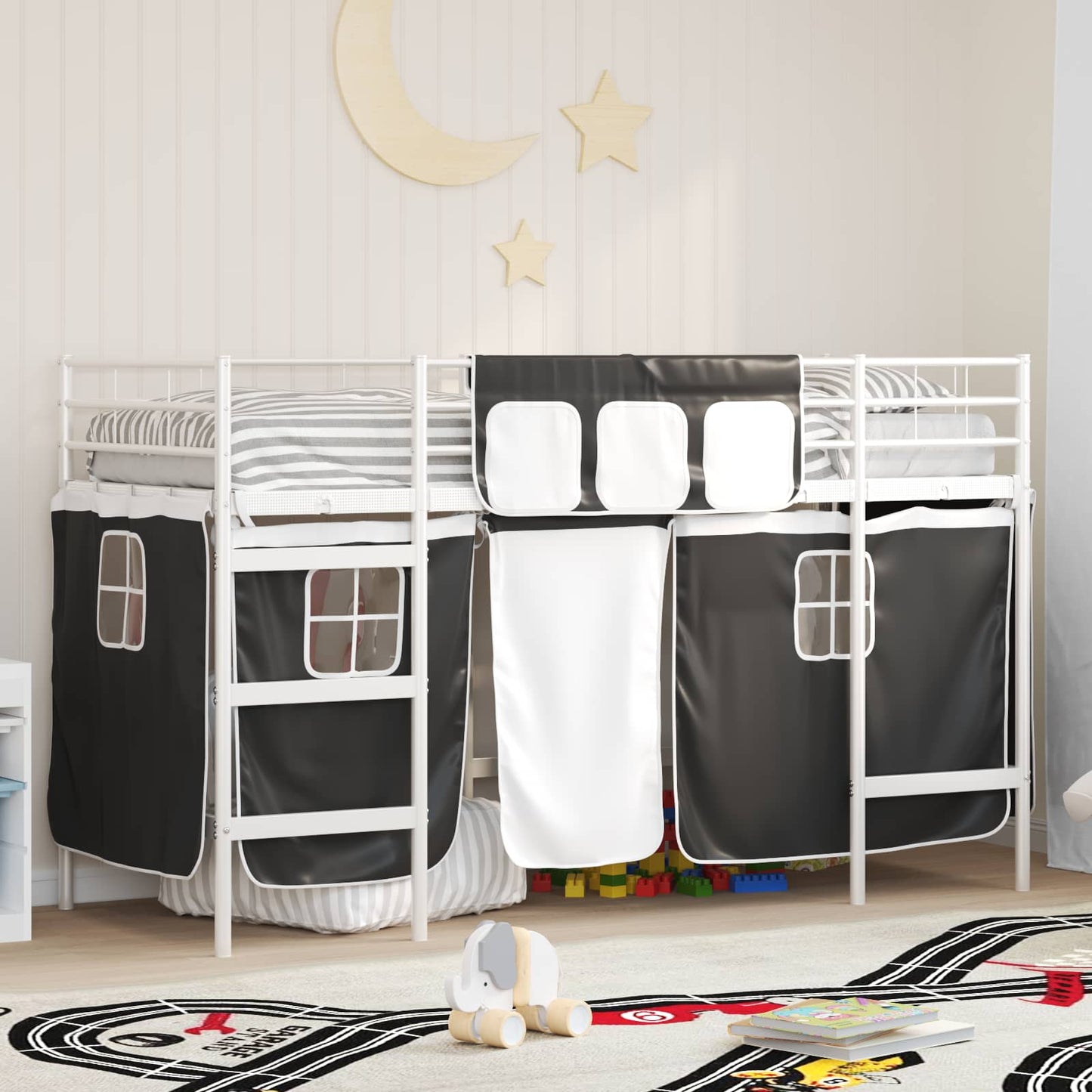 Kids'Loft Bed Frame with Curtains White and Black 90 x 190 cm
