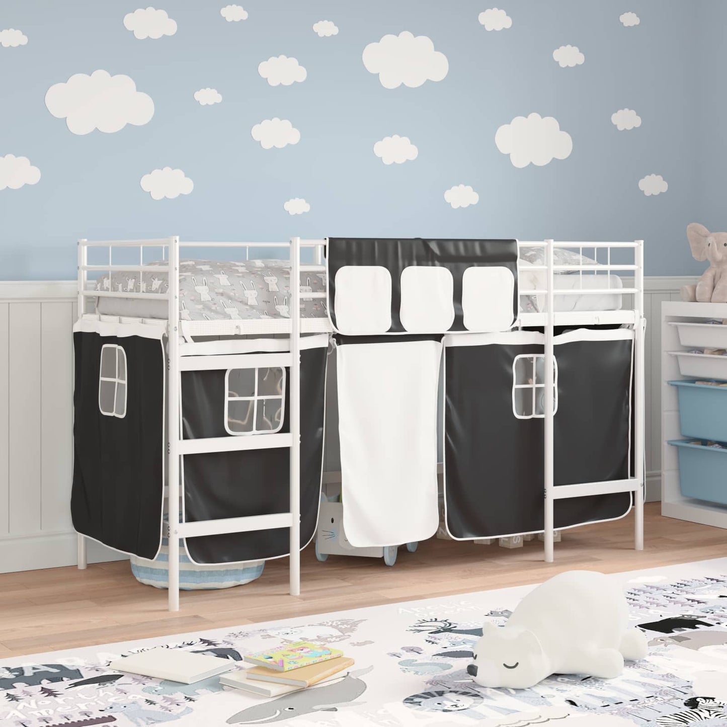Kids'Loft Bed Frame with Curtains White and Black 90 x 190 cm