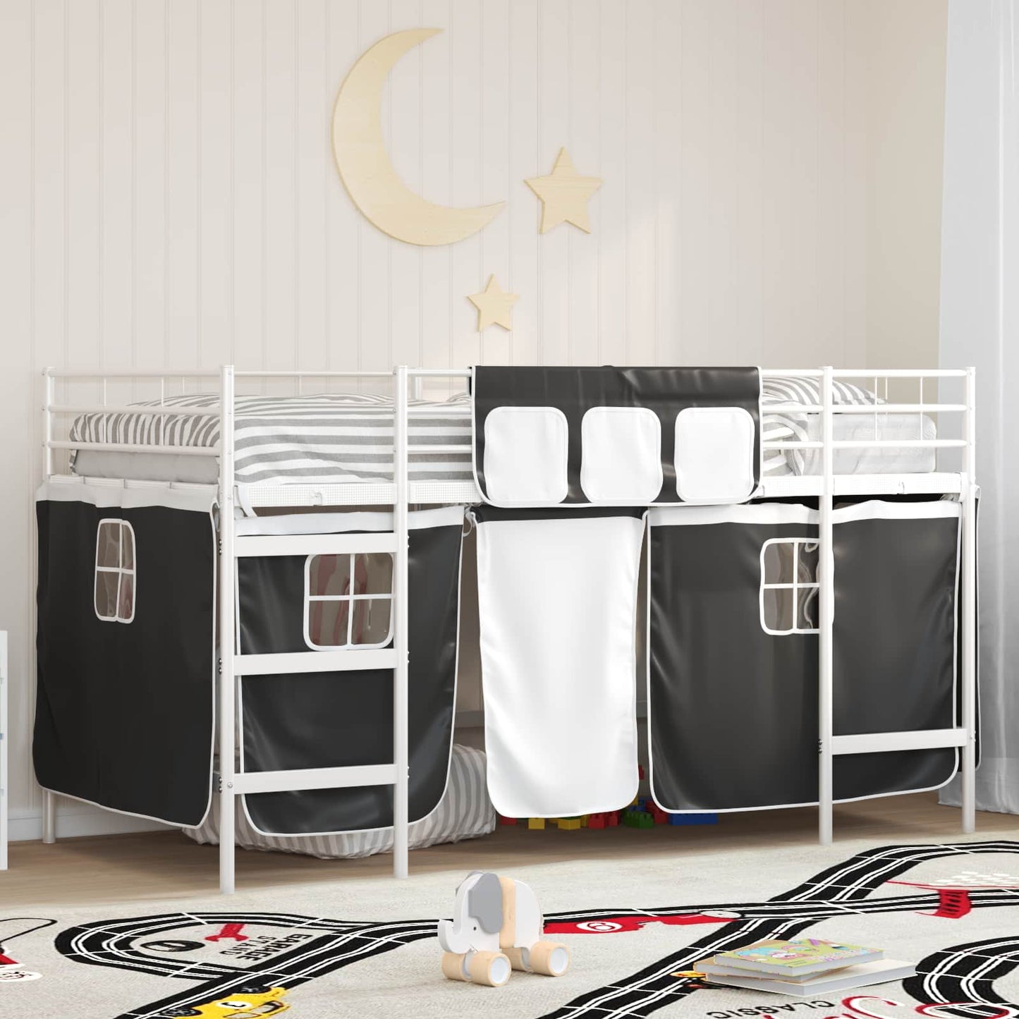 Kids'Loft Bed Frame with Curtains White and Black 100 x 200 cm
