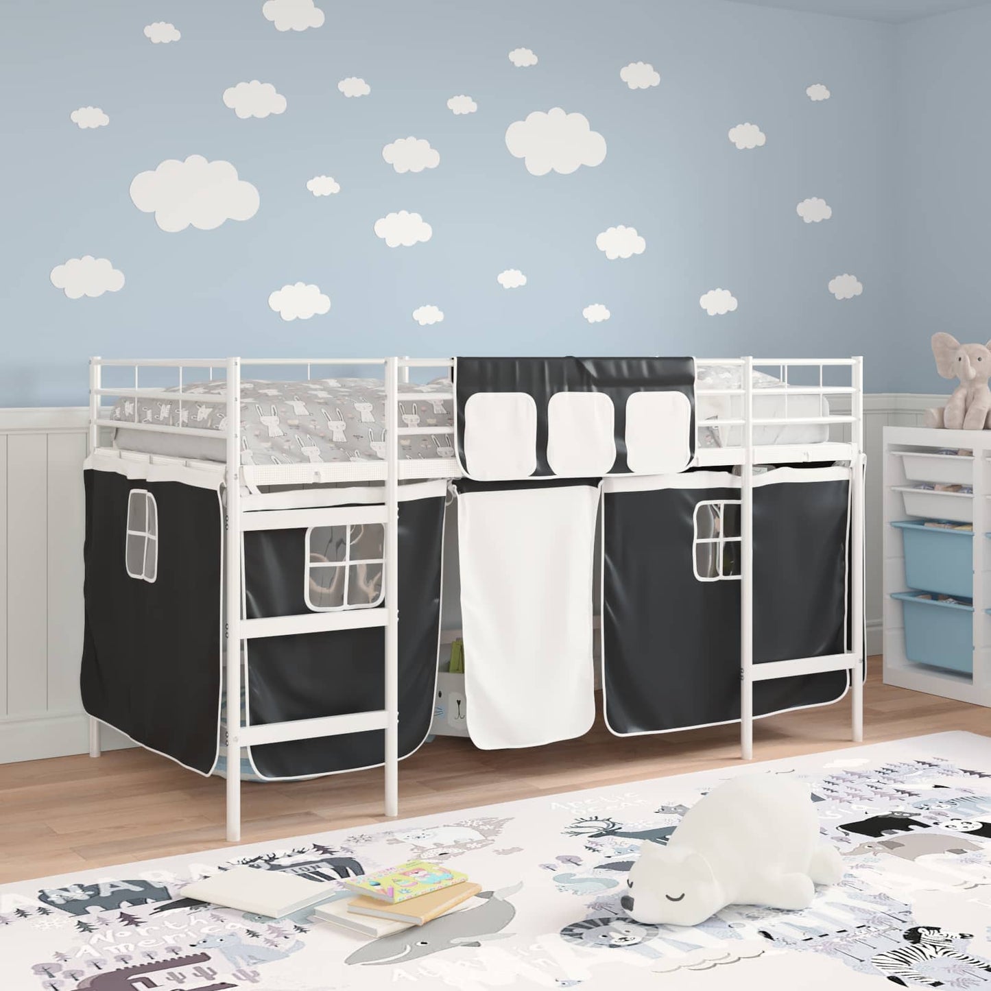 Kids'Loft Bed Frame with Curtains White and Black 100 x 200 cm