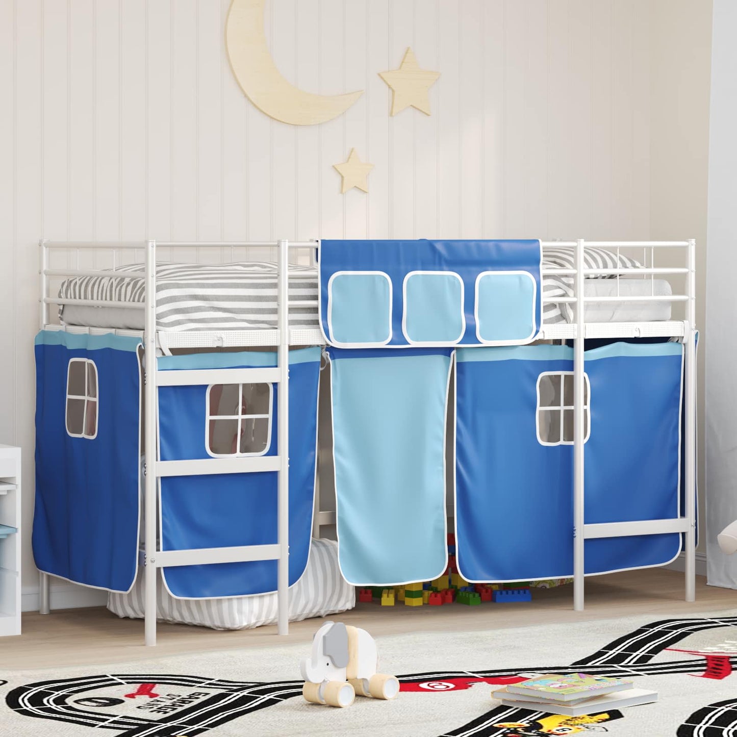 Kids'Loft Bed Frame with Curtains White and Blue 90 x 190 cm