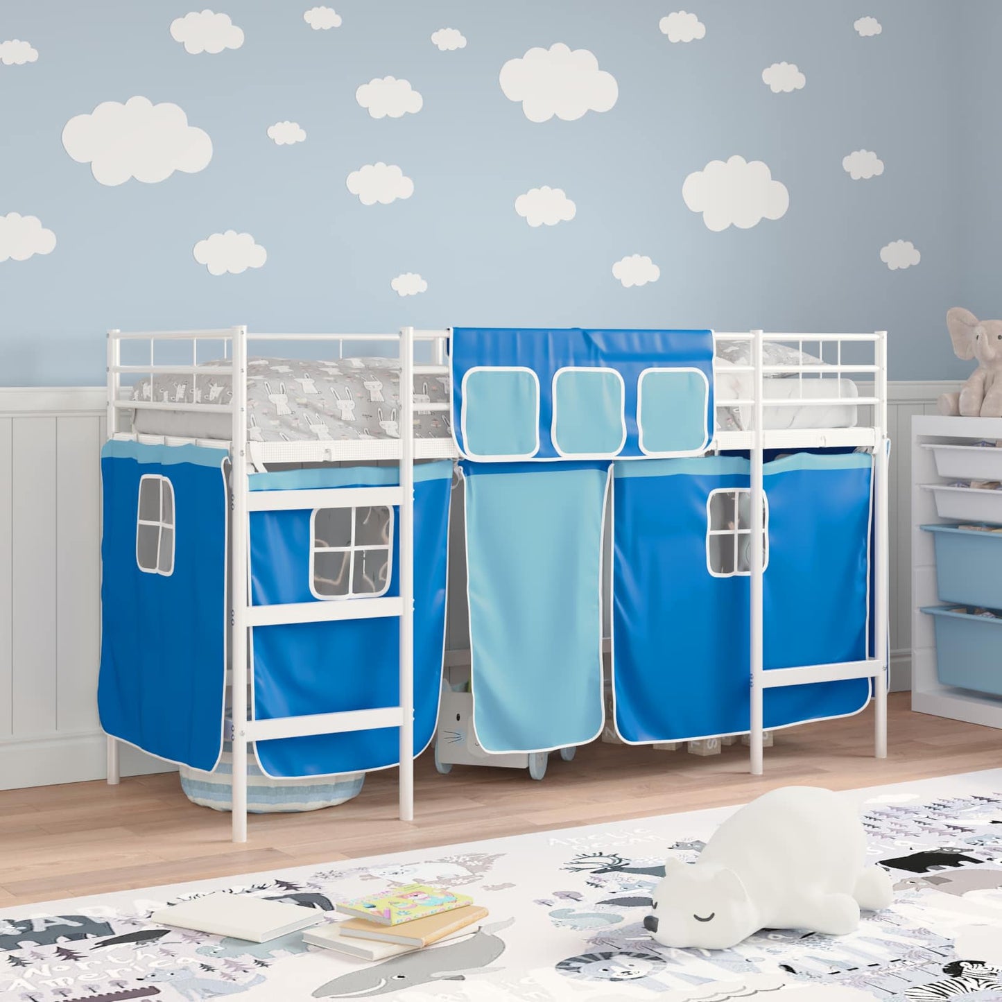 Kids'Loft Bed Frame with Curtains White and Blue 90 x 190 cm