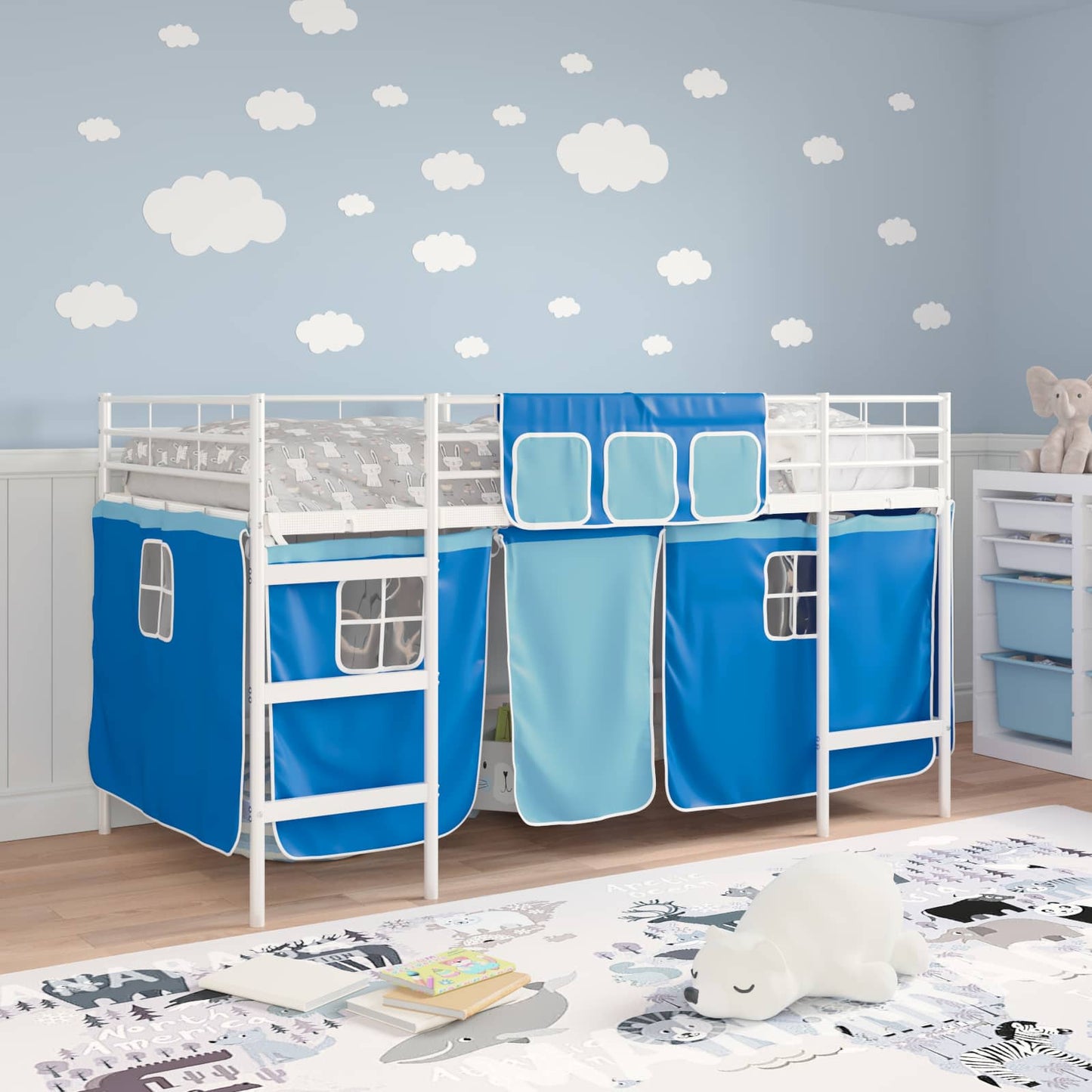 Kids'Loft Bed Frame with Curtains White and Blue 90 x 200 cm