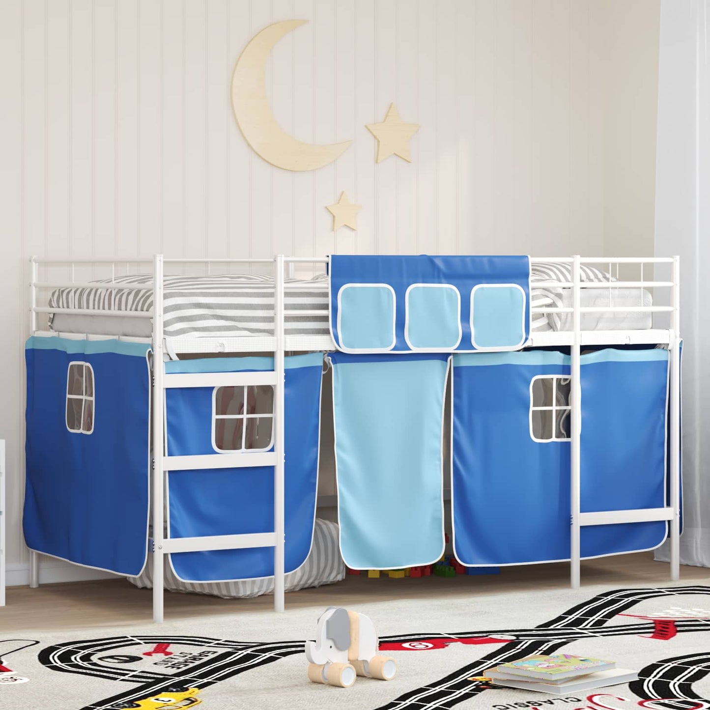 Kids'Loft Bed Frame with Curtains White and Blue 100 x 200 cm