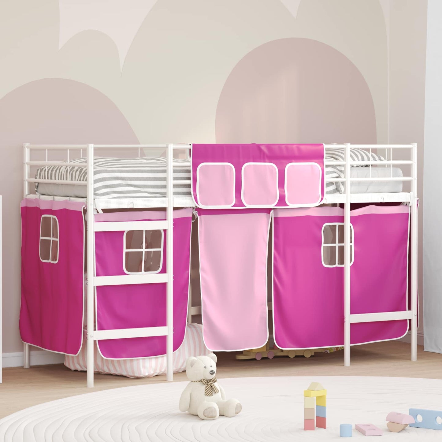 Kids'Loft Bed Frame with Curtains White and Pink 75 x 190 cm