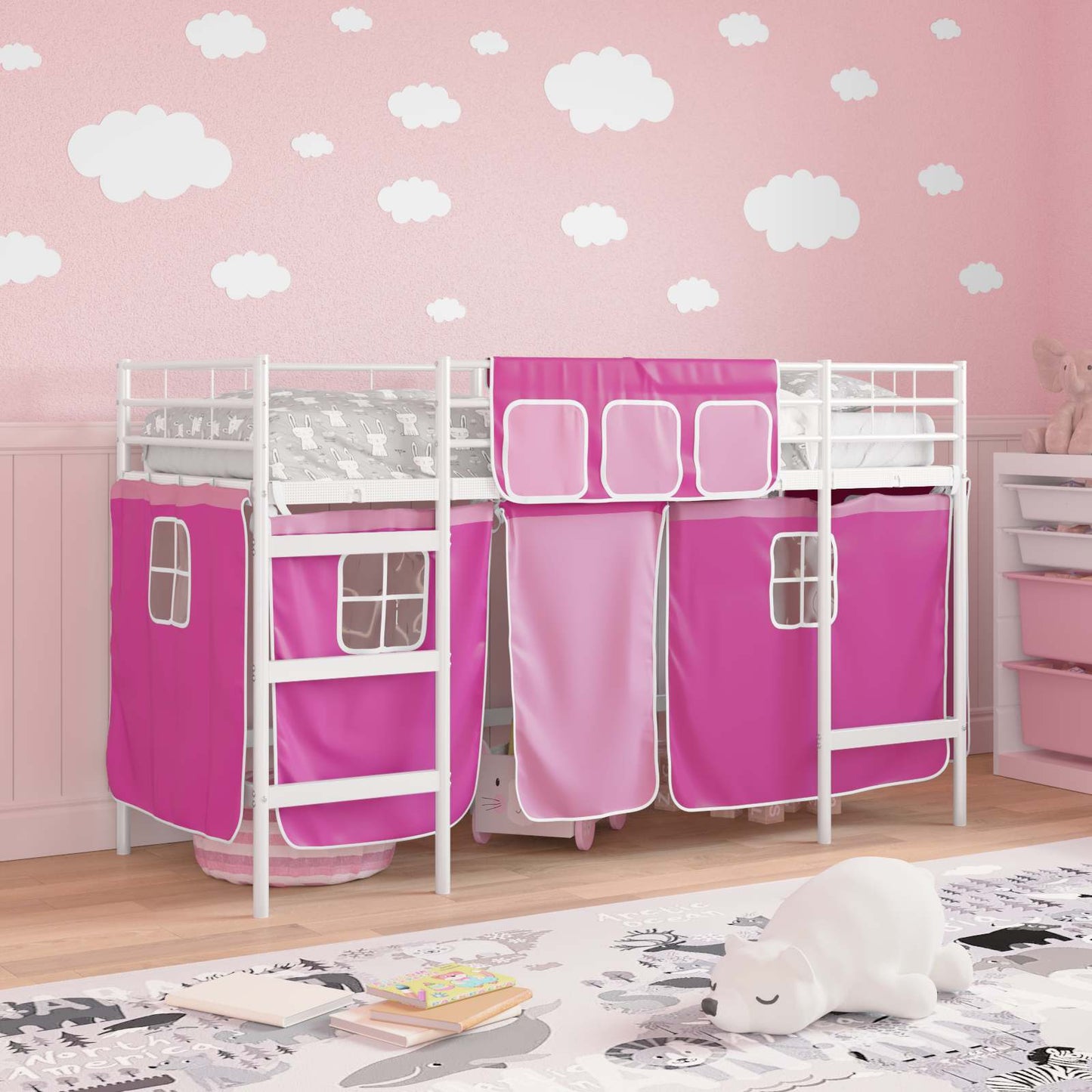 Kids'Loft Bed Frame with Curtains White and Pink 75 x 190 cm