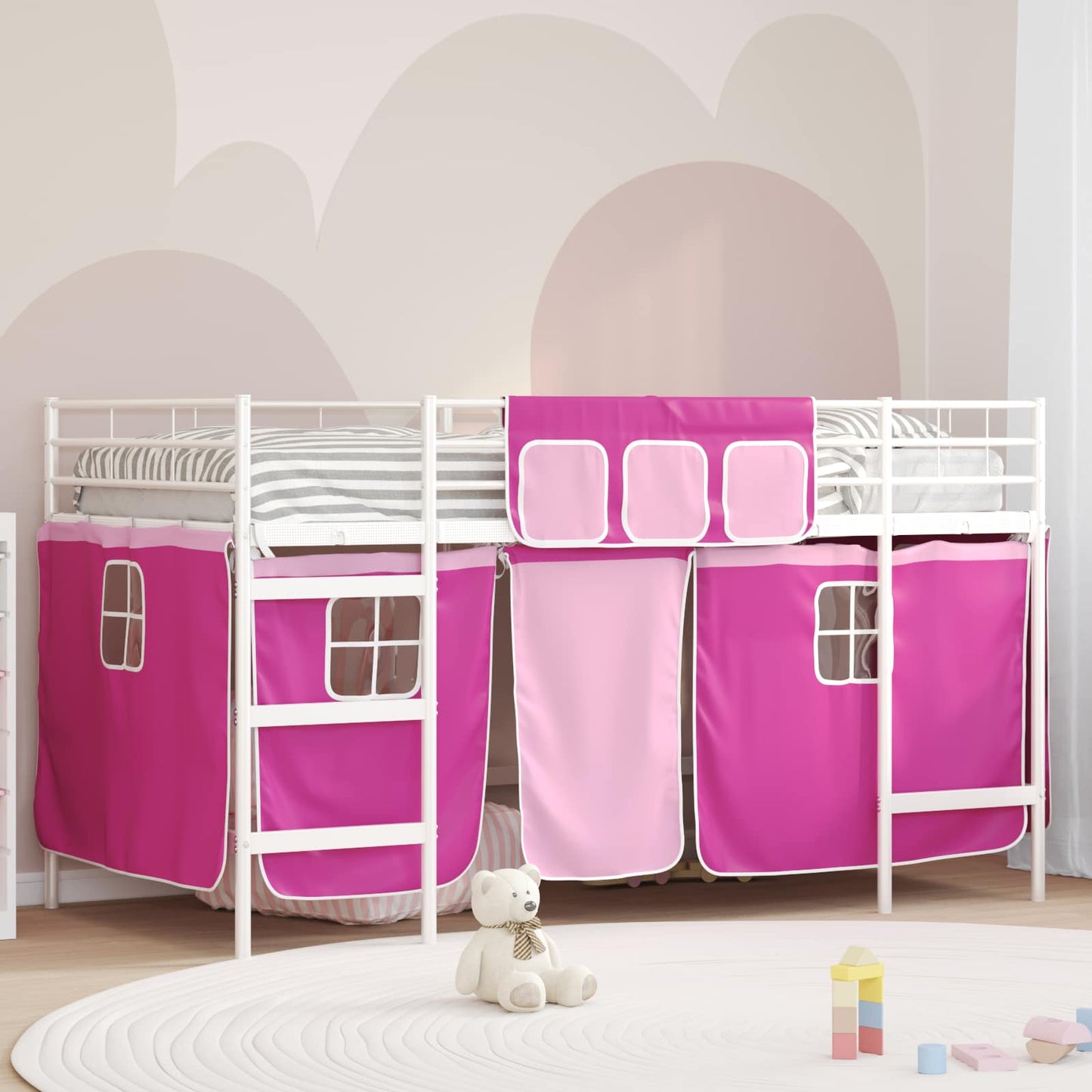 Kids'Loft Bed Frame with Curtains White and Pink 90 x 200 cm