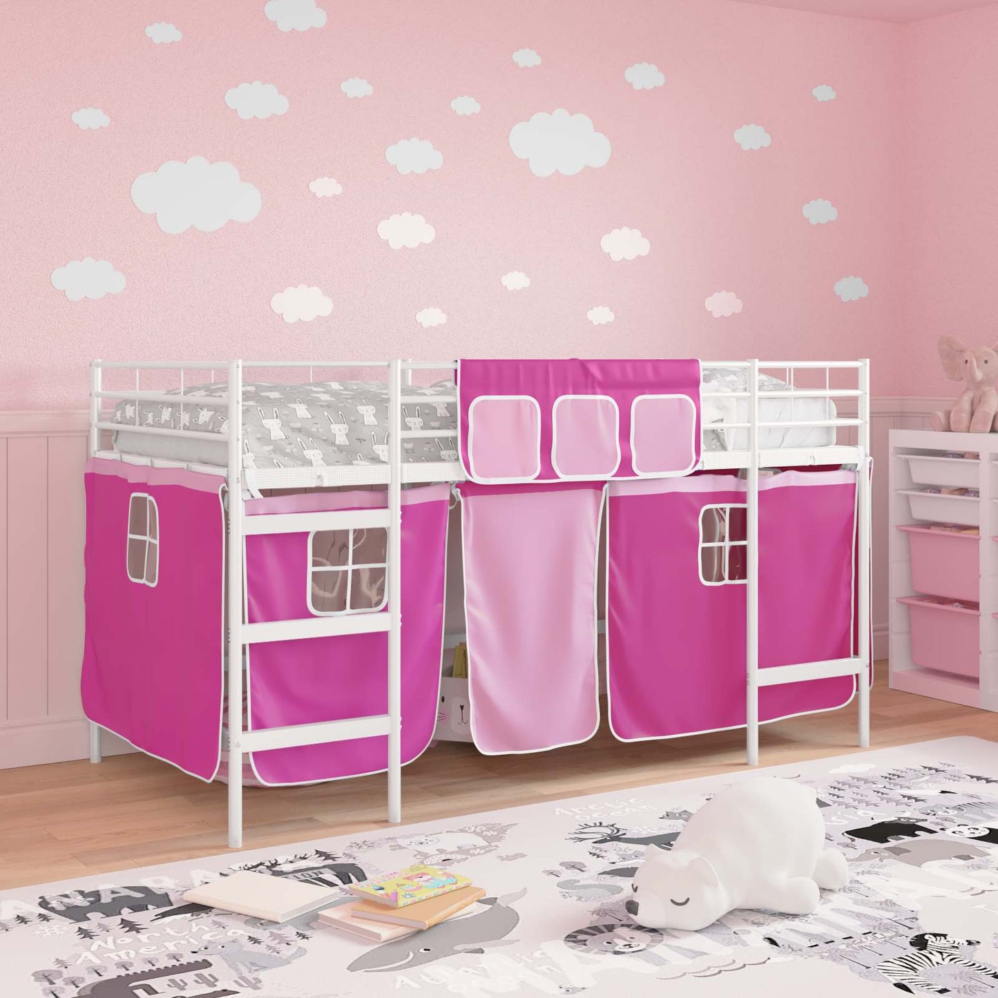 Kids'Loft Bed Frame with Curtains White and Pink 100 x 200 cm