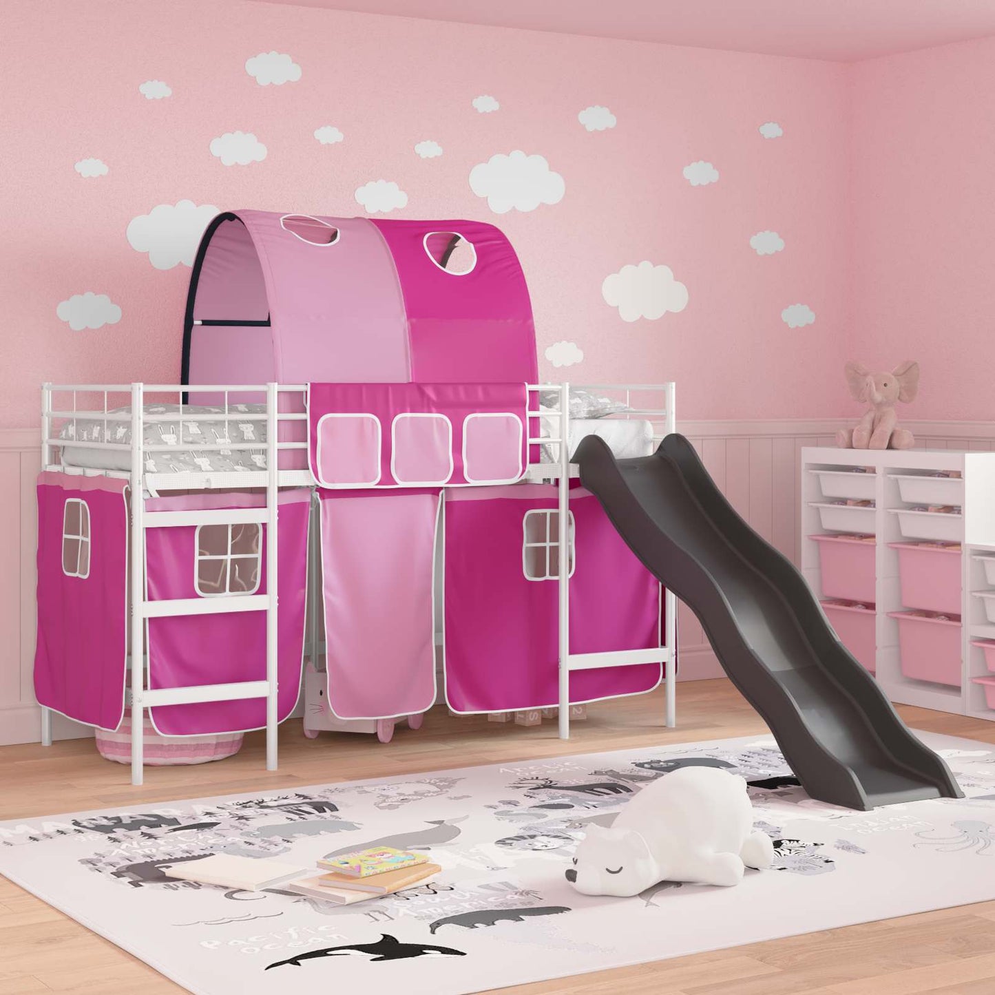 Kids'Loft Bed Frame White and Pink 100 x 190 cm Metal