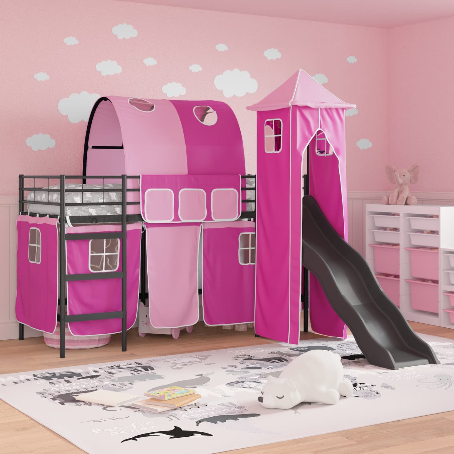 Kids'Loft Bed Frame Black and Pink 100 x 190 cm Metal