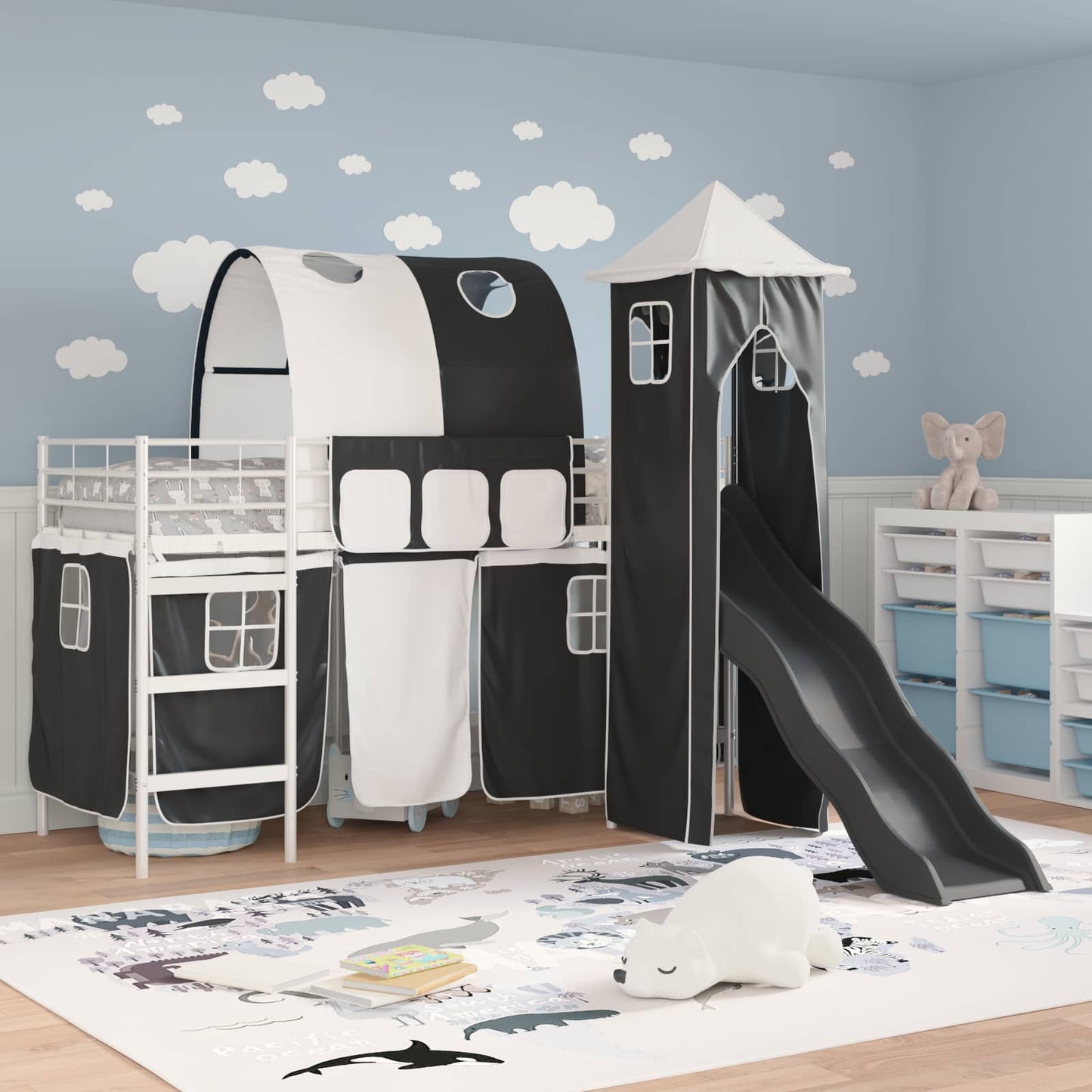 Kids'Loft Bed Frame White and Black 90 x 190 cm Metal