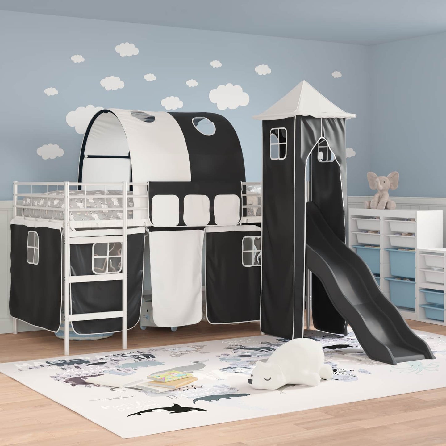 Kids'Loft Bed Frame White and Black 100 x 200 cm Metal