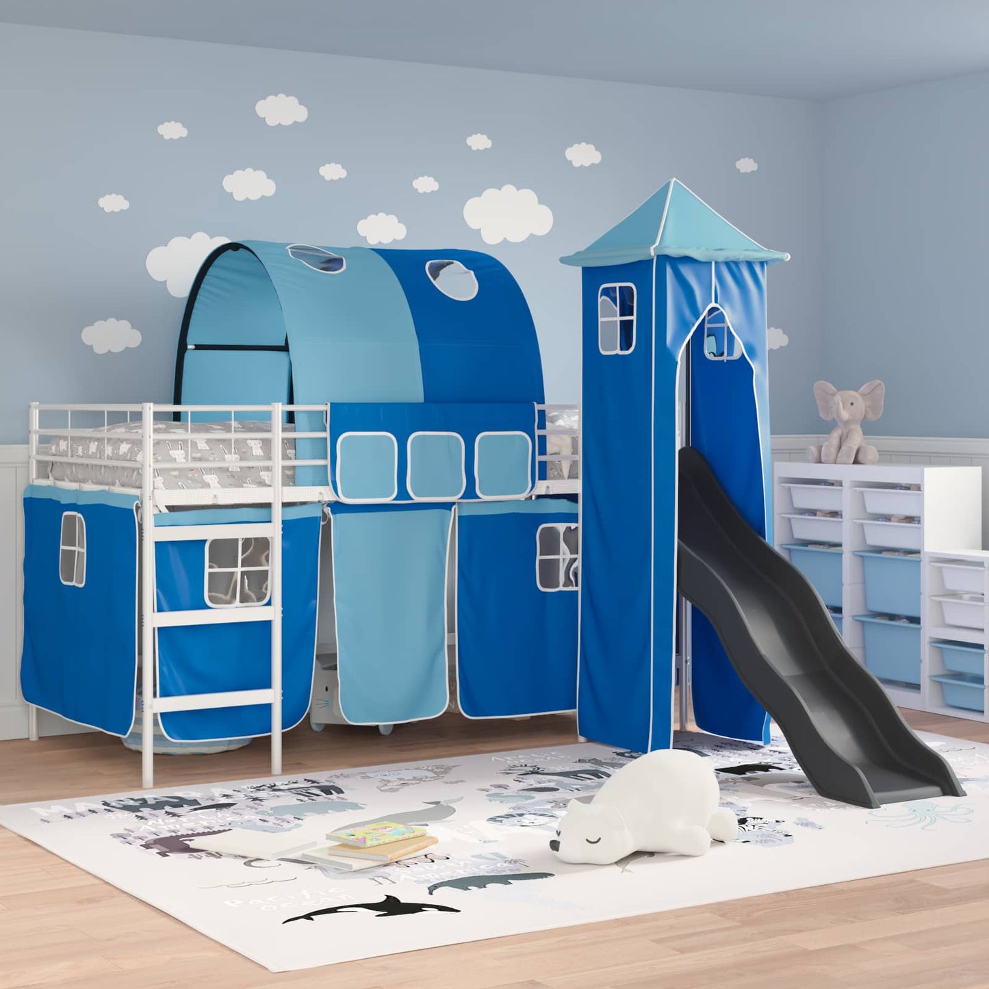 Kids'Loft Bed Frame White and Blue 100 x 200 cm Metal