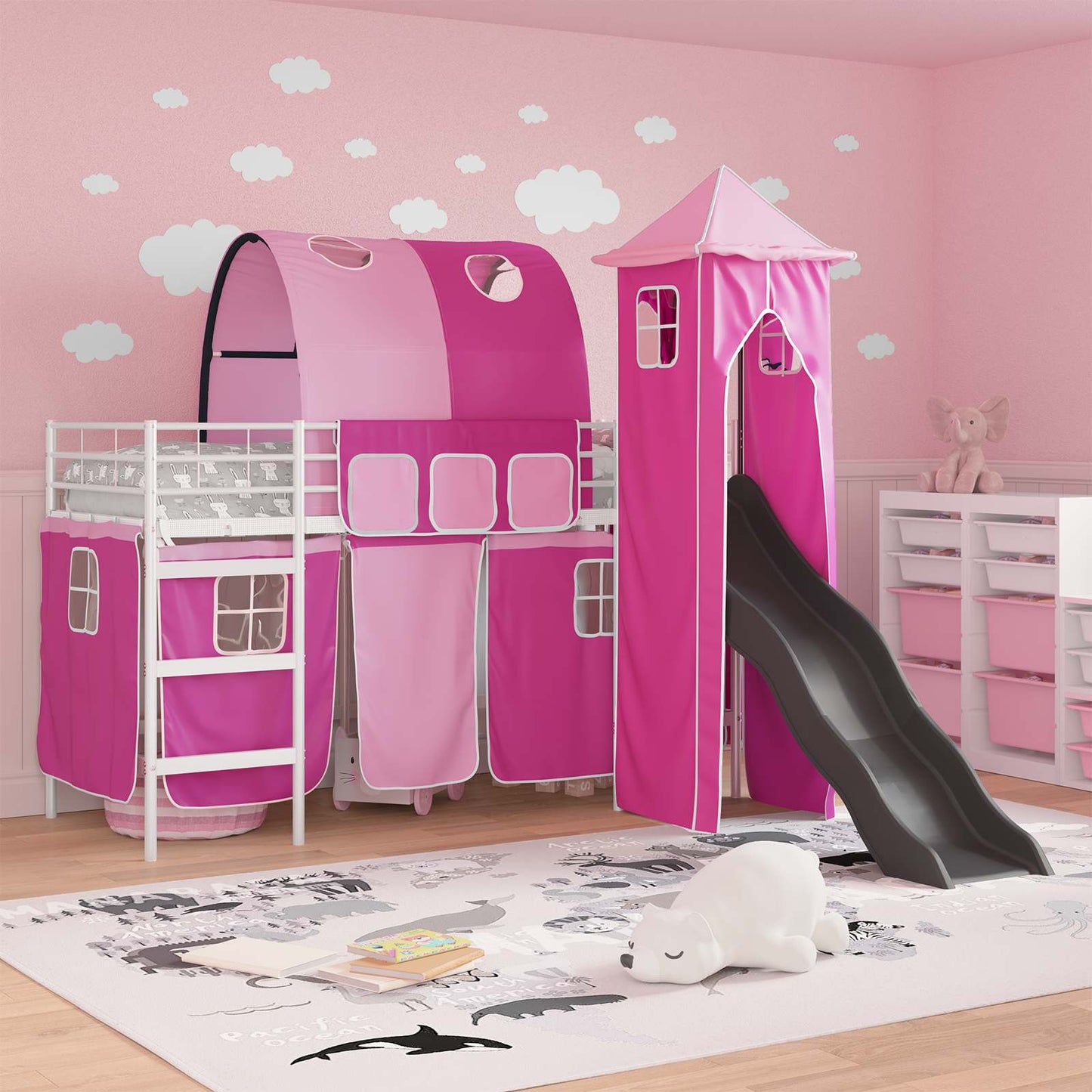 Kids'Loft Bed Frame White and Pink 75 x 190 cm Metal